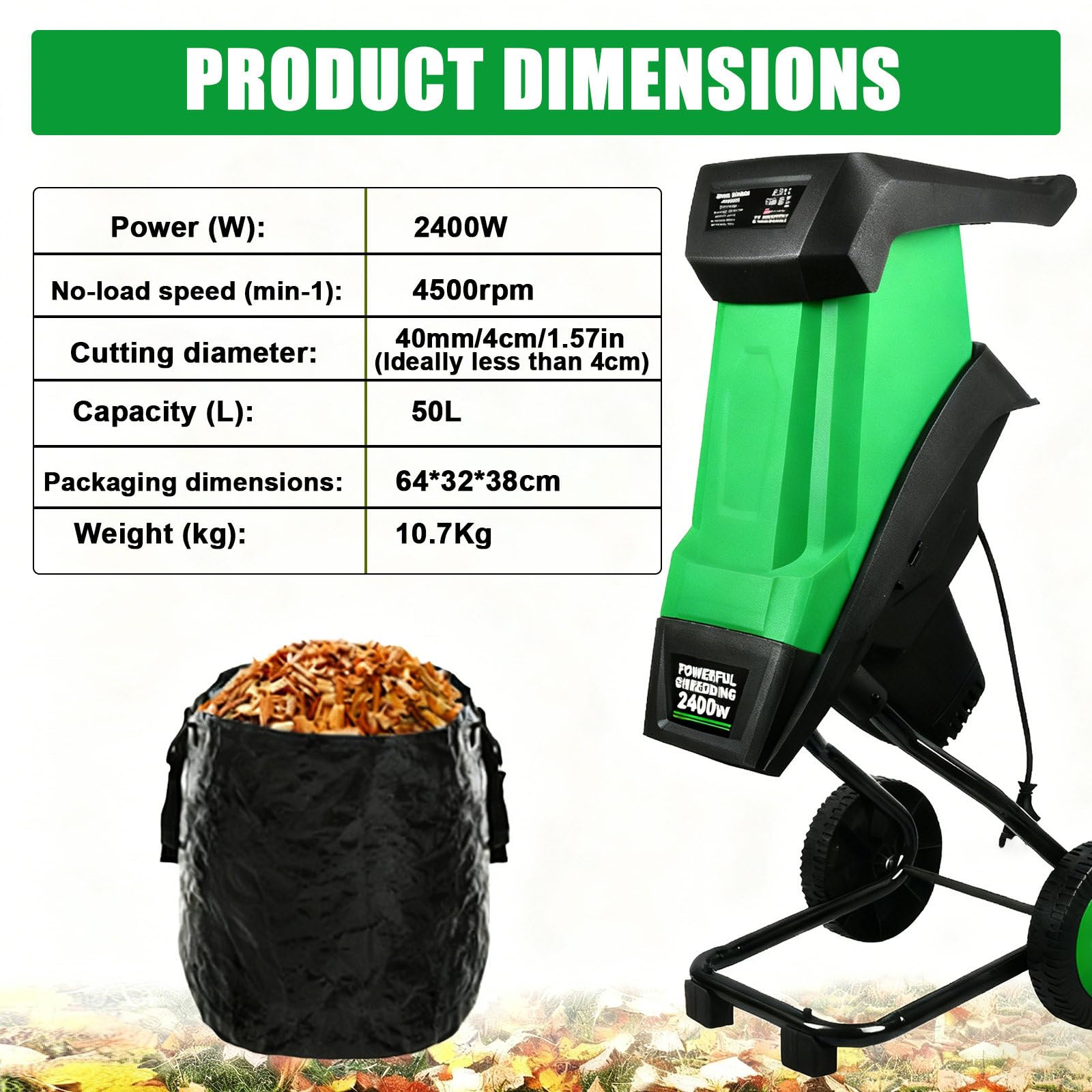 Trituradora De Jardín Eléctrica De 2400 W, con Bolsa Desmontable De 50 L Y 2 Juegos De Cuchillas De Acero Al Manganeso. Tritura hasta 4 Cm De Diámetro Y 4500 RPM