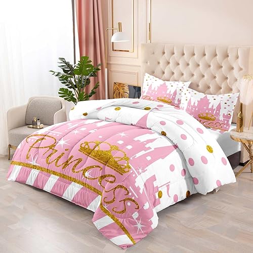 Miniatura 3 de LUVIVIHOME Juego de edredón de princesa, tamaño King, juego de ropa de cama blanco y rosa, microfibra cepillada suave con purpurina dorada,
