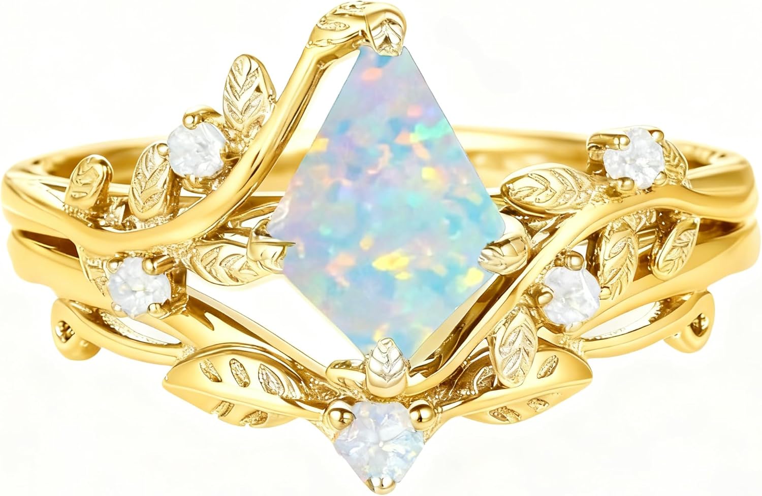 Opal Engagement Ring Set for Women, 925 Sterling Silver Pear/Heart/Coffin Cut White Opal Bridal Wedding Rings Set Inspired Leaf Bridal Rings Set for Her Free Engraved