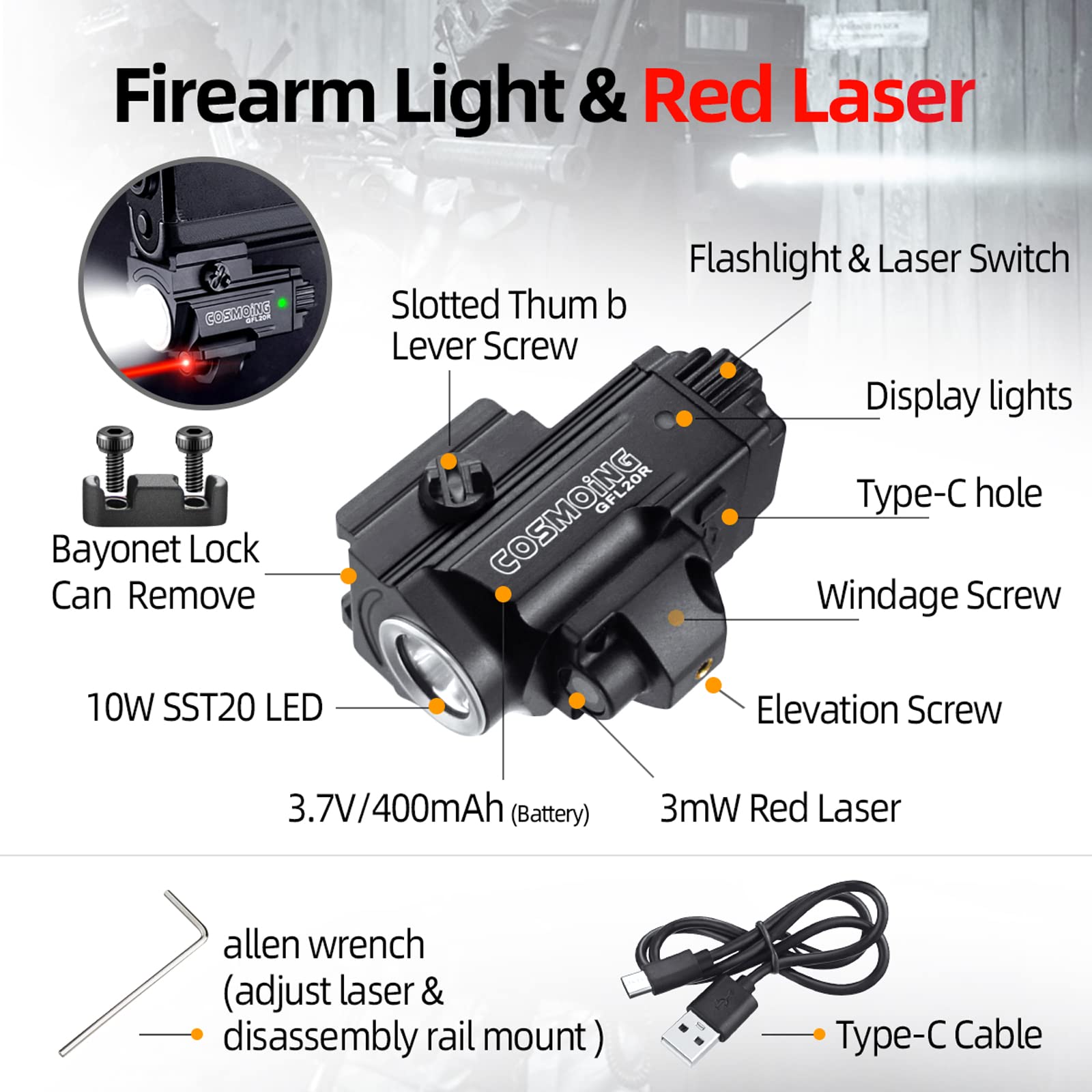 COSMOING Red Laser Light Combo, 800 Lumen USB Rechargeable Gun Flashlight Laser Sight Combo with Strobe Function for Pistol Handgun Rifles with Picatinny Rail Mount — view 4