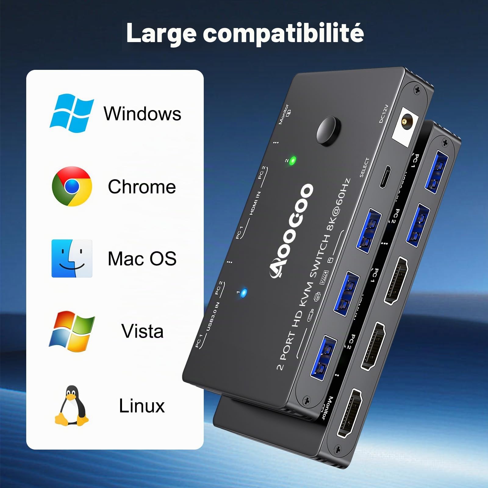 Commutateur KVM HDMI 2.1 8K à 60 Hz, commutateur KVM pour 2 PC et 1 écran avec port USB 3.0, télécommande filaire, câble USB 3.0 inclus