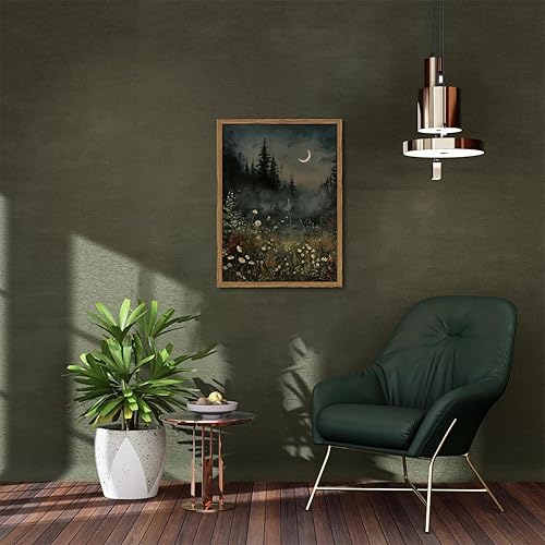 Miniatura 3 de Arte de pared vintage de bosque iluminado por la luna, luna creciente, flores silvestres, lienzo gótico, impresiones de paisaje, estética, cuadros