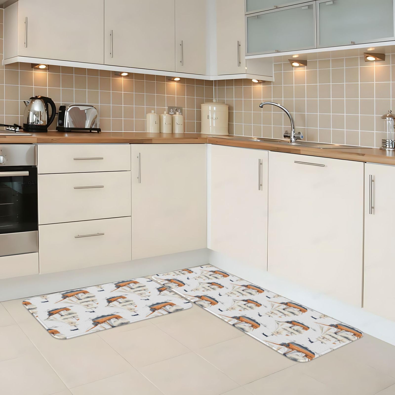 GVYGVY Antifatigue Kitchen Mats for Floor 2 Piece - White Sailboat Print Kitchen Rugs Washable, Non Slip Runner Rug Standing Mat for Office/Bathroom/Laundry/Home Decor and Accessories