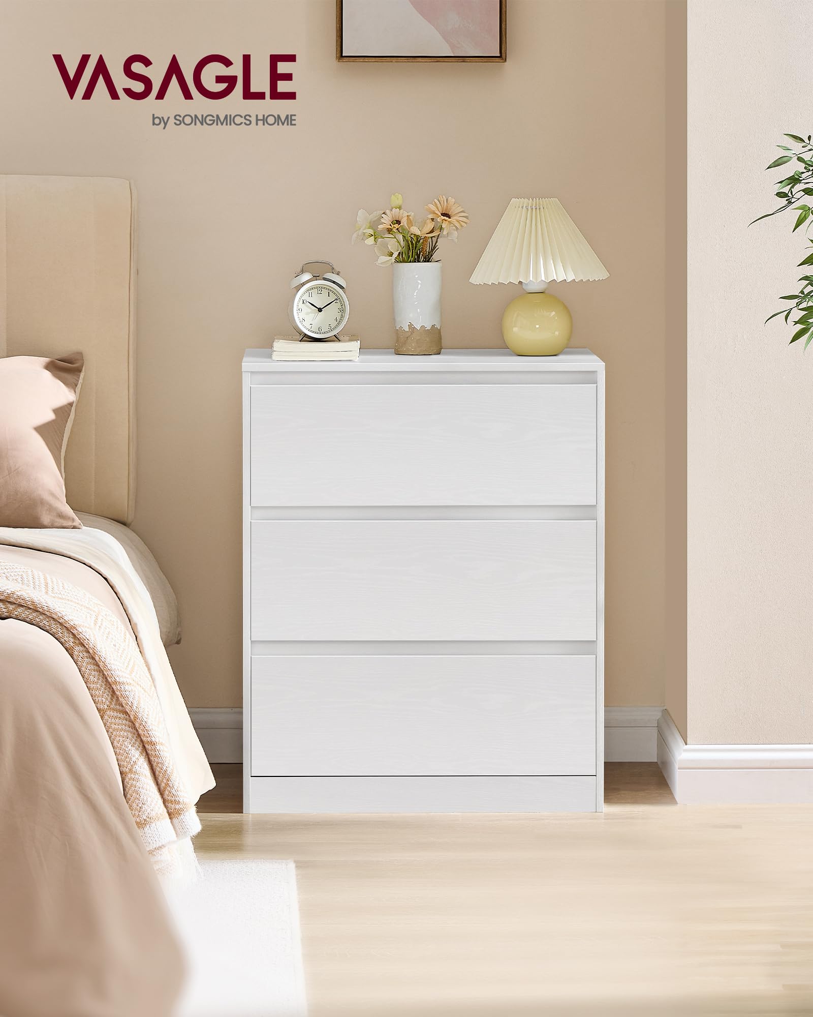 VASAGLE Colección Kailyn - Cómoda de 3 Cajones para Dormitorio, Armario de Almacenamiento, Mueble para Ropa, 40 x 60 x 75 cm, Estilo Moderno, Blanco Nieve LTS613WE01