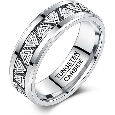 NUNCAD 8mm Tungsten Rings for Men Sterling Silver Valknut Tungsten Wedding Band Beveled Edge Comfort Fit Jewelry Gifts for Men Size 8-12