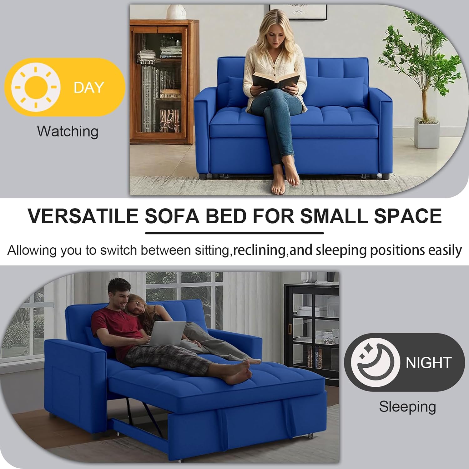 3 in 1 Pull Out Sofa Bed, 54" Sleeper Sofa Bed with 3-Level Adjustable Backrest, Velvet Fabric Loveseat Sleeper Couch for Living Room & Bedroom & Apartment & Dorm Furniture, Blue