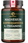 L Théanine, Glycinate de magnésium + Supplément Ashwagandha , Relaxation, sommeil & Soutien mémoire -Soulagement du stress, Calme, Mood & Suppléments pour le sommeil (Fabriqués au Canada) & Non-OGM 120 Ct