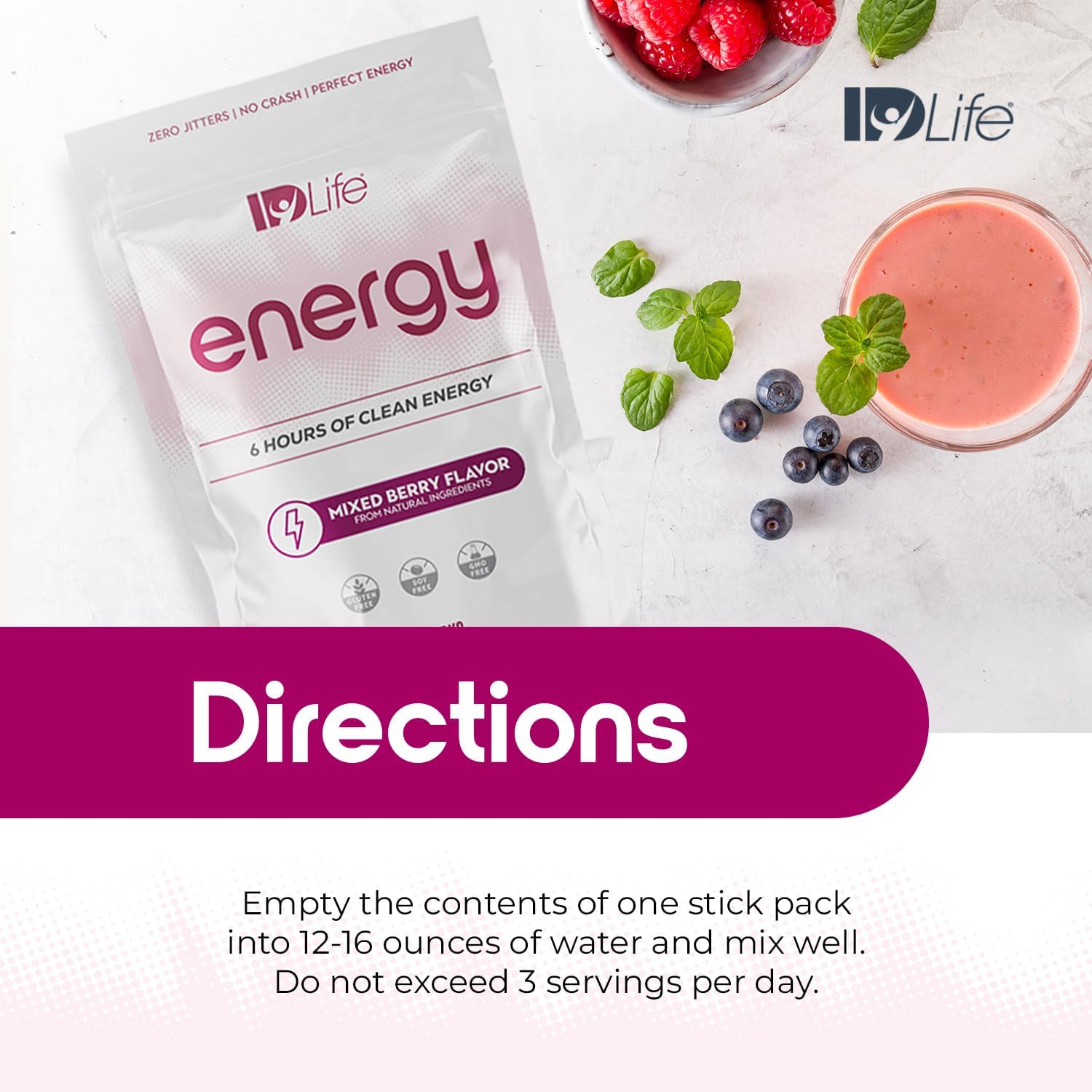 IDLife Energy - Mixed Berry - Sustained Power Boost with Powder, Healthy Drink for Work, Gym & Daily Use, 6 Hours of Boost - 15 Sticks per Bag