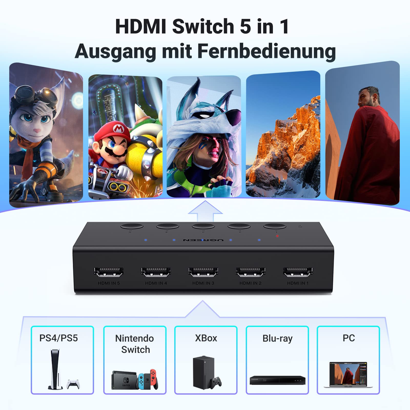 UGREEN HDMI Switch 5 in 1out HDMI Splitter 4K@60Hz Unterstützung 3D/CEC/HDR/HDCP 2.2 Kompatibel mit PS5/4, Xbox, Apple TV, Skybox, Blu-Ray, HDTV, Monitor, etc.