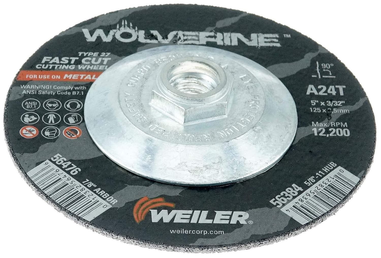 Weiler 56384 5 Inch Cutting Wheel, Wolverine AO Steel/Metal Fast Cutting, 3/32" A24T Type 27 5/8"-11 Hub, Pack of 10