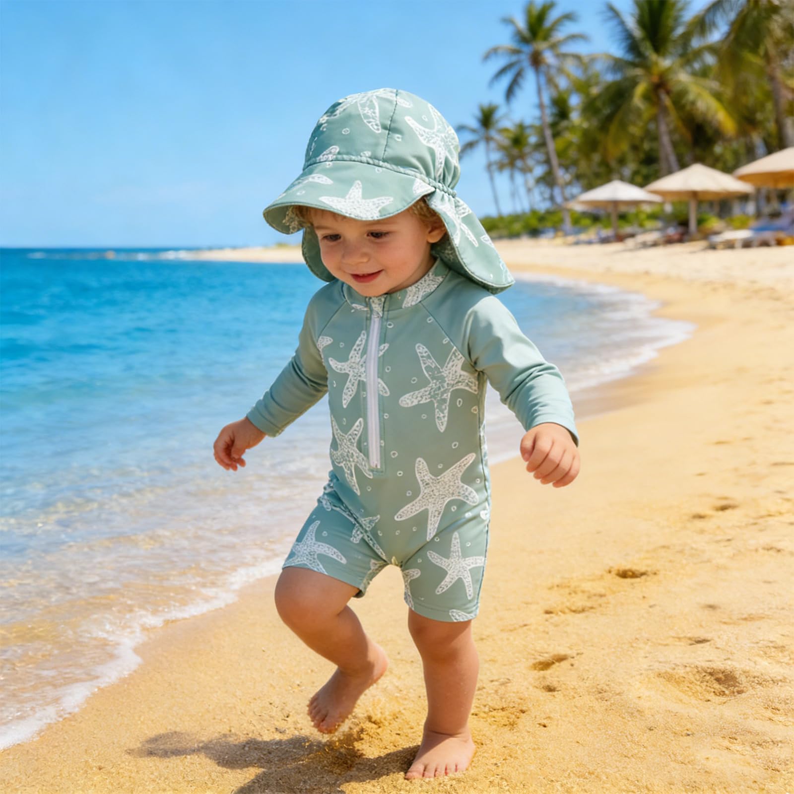 Baby Badeanzug Junge Einteiliger Badebekleidung UV Schutz Schwimmanzug Langarm mit Sonnenhut