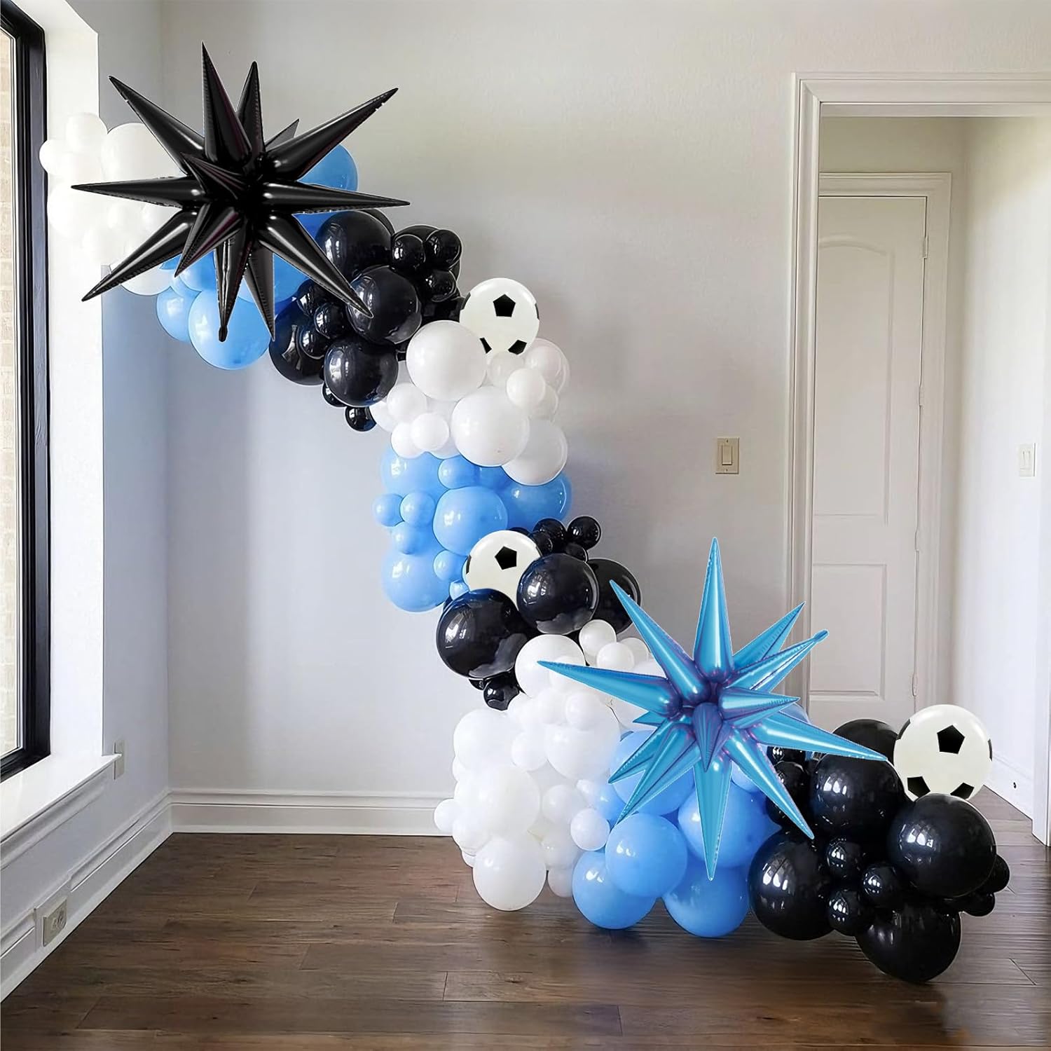 Soccer Balloons, 12inch Black Blue White Balloons, Football Printed Balloon With Black Light Blue Star Foil Balloon For Boys Men Soccer Football Sports Themed Birthday Party Baby Shower Anniversary