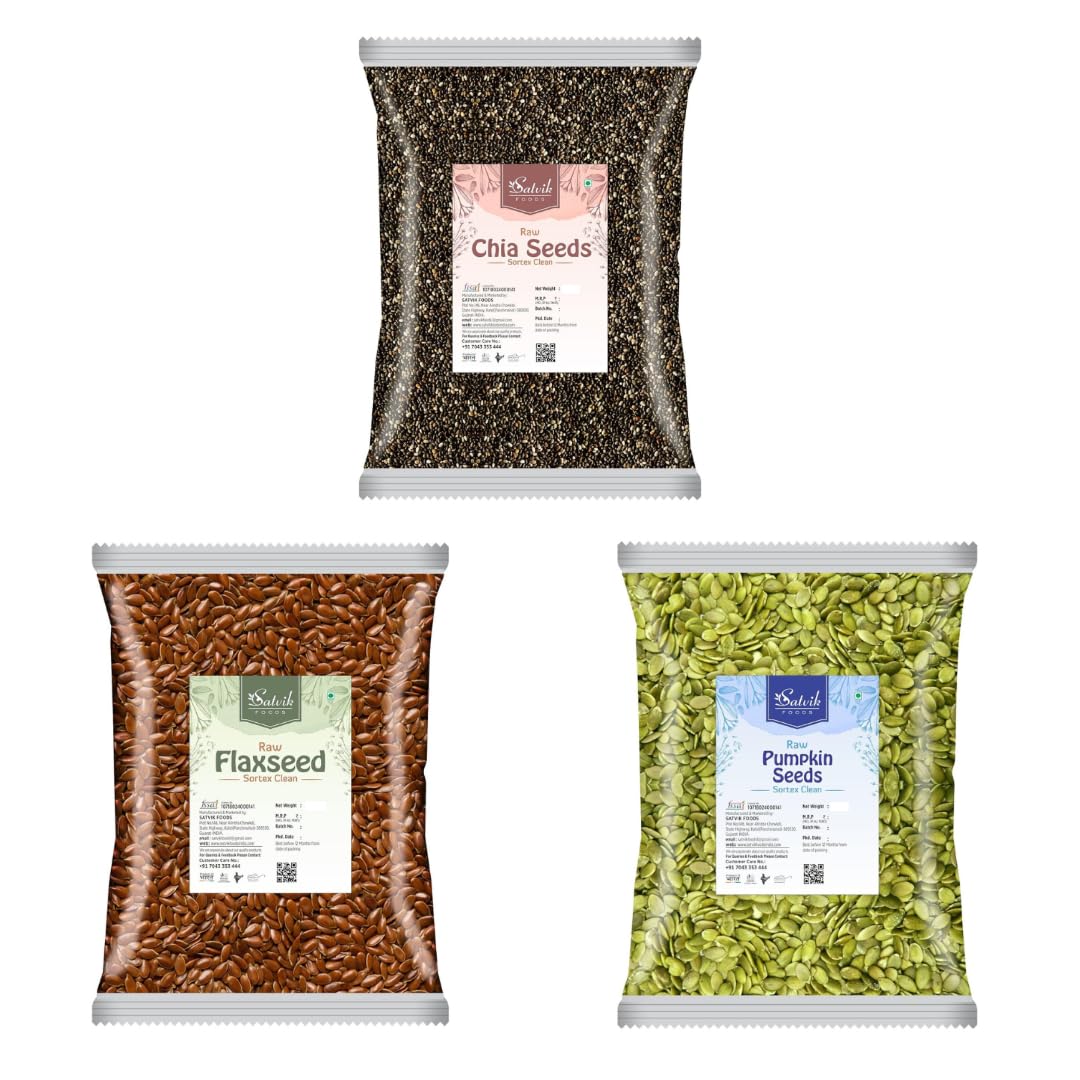 SATVIK FOODS Organic Flax Seeds, Chia Seeds And Pumpkin Seeds 250gm - Fresh Healthy Fibre Rich Seed Omega 3 Rich High in Protein & Nutrients | Seeds For Eating (Combo of 3) (B0D87C2D4L) Amazon Price History, Amazon Price Tracker