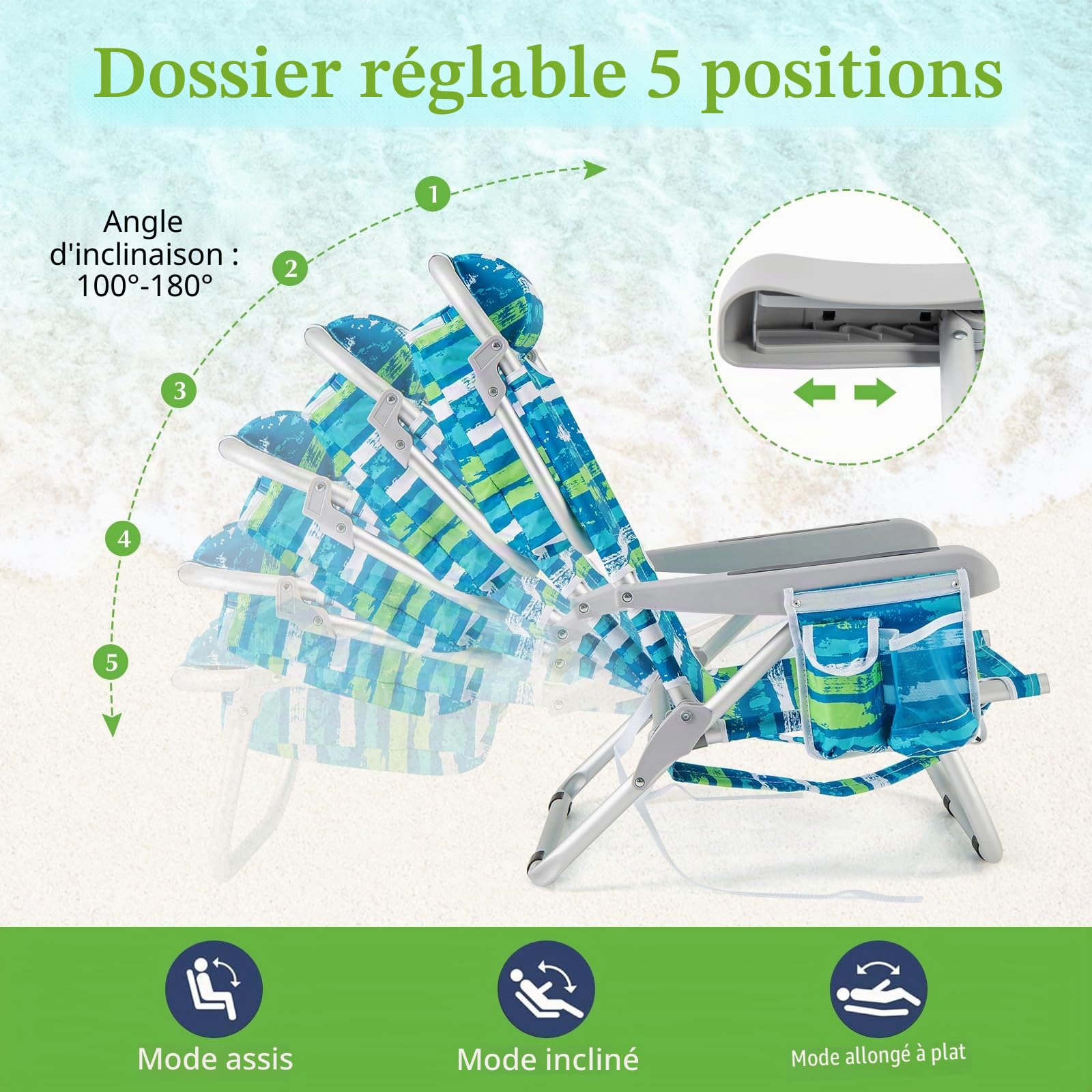 GIANTEX Chaise de Plage Pliable avec Sac à Dos, Chaise de Camping en Aluminium, Dossier Réglable en 5 Positions, Poches de Rangement, Appuie-tête Amovible (65 x 66 x 78 cm,Bleu + Vert,1)