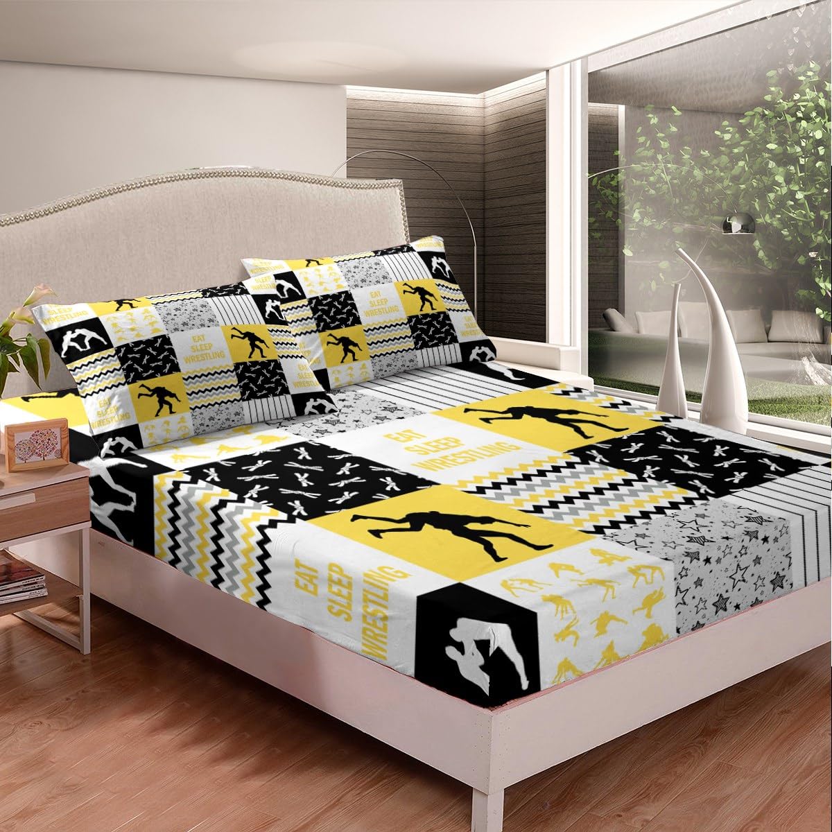 Wrestling Bedding Set Queen Size – Sport Themed Sheets With Fitted, Flat Sheet & 2 Pillowcases