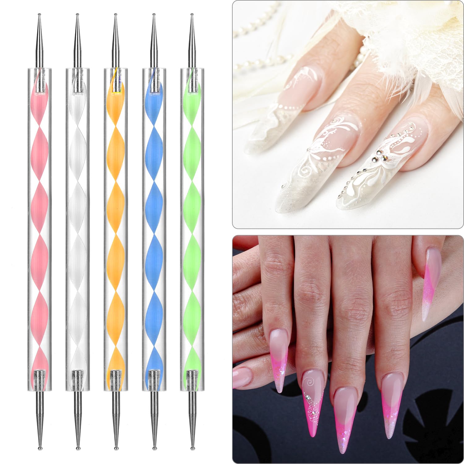 QWORK Juego de sellos para uñas con raspador, 3 pinceles, 5 rotuladores de doble cara