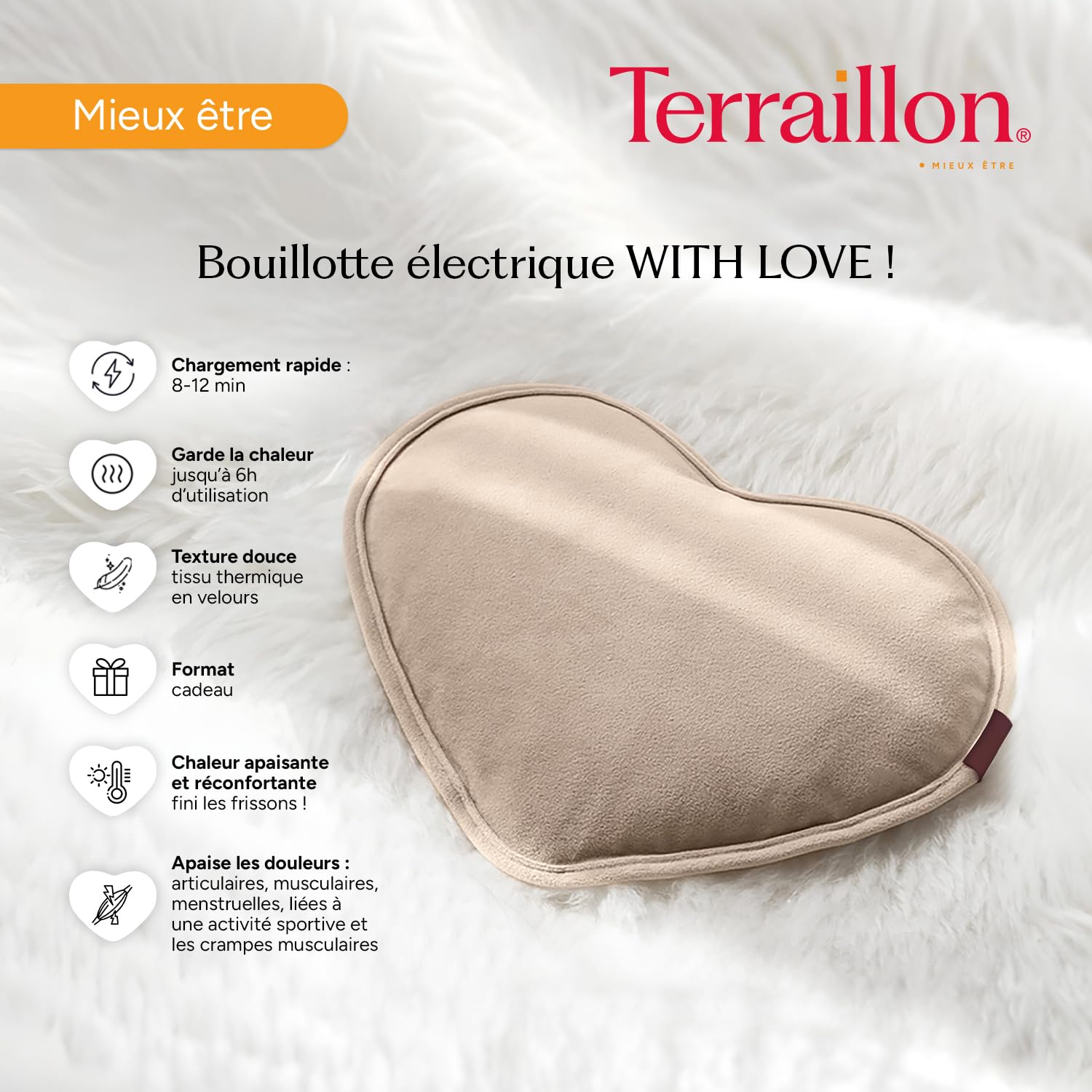 TERRAILLON - WITH LOVE, Bouillotte électrique, finition velours, Chargement rapide 8-12 min, Jusqu'à 6h de chaleur, Soulager les douleurs musculaires-menstruelles-articulaires, Rose beige