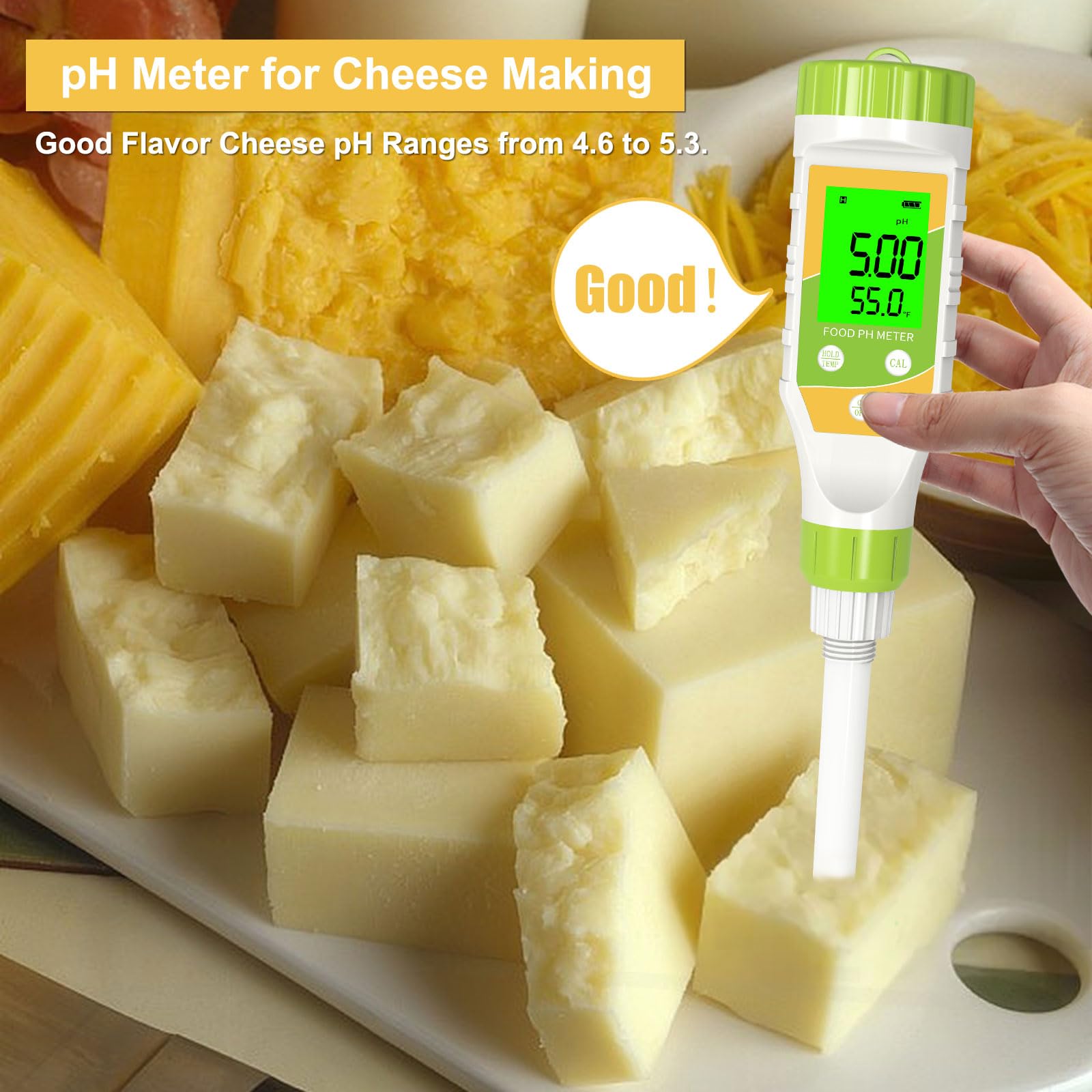 Medidor digital de pH para alimentos, resolución 0.01, probador de pH de alimentos de alta precisión con pantalla LCD retroiluminada y ATC para carne, pan, enlatado, elaboración de cerveza,