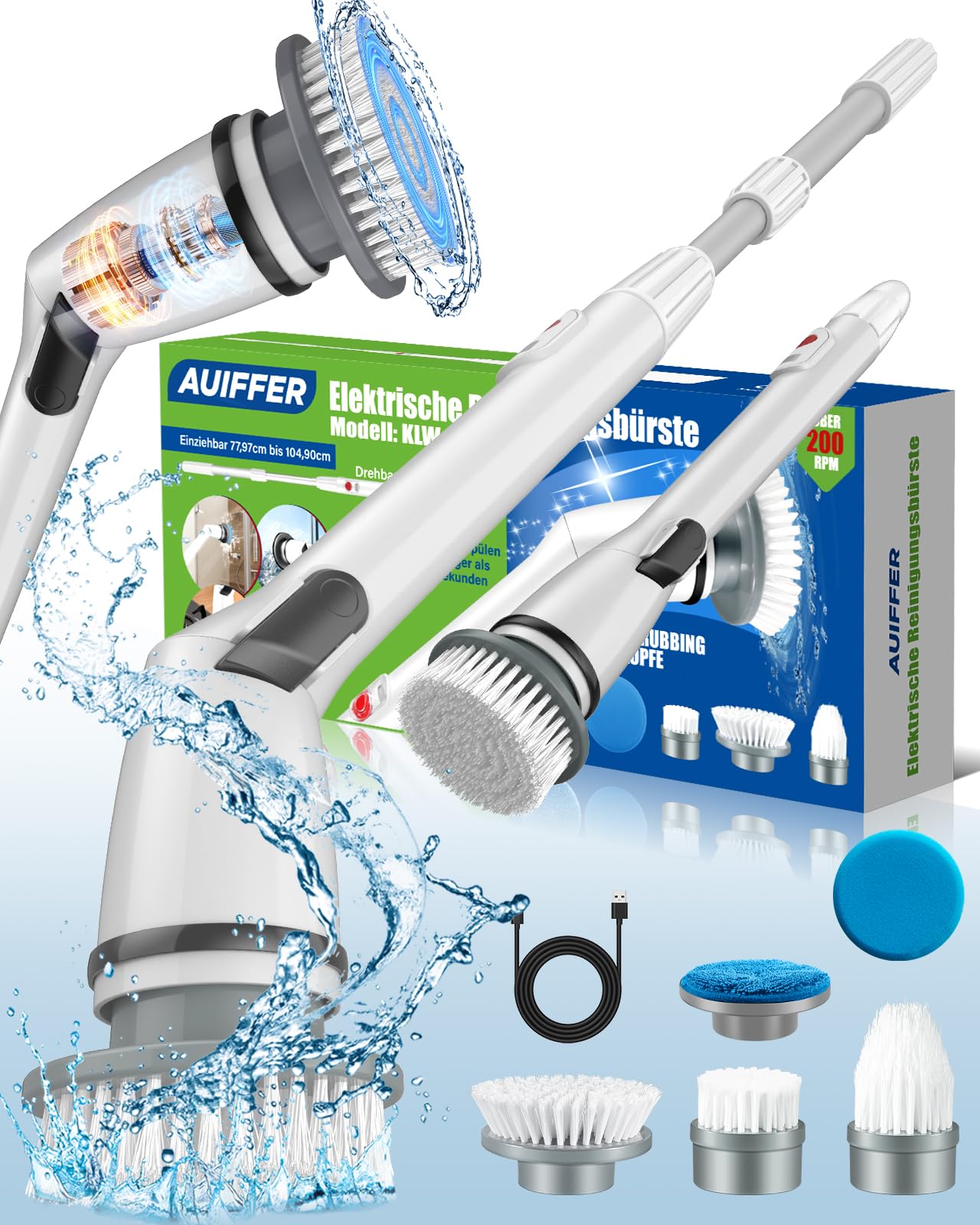 Elektryczna szczotka do czyszczenia, 360° z 5 głowicami, 1 ramię przedłużające i 1 adapter, elektryczna szczotka do czyszczenia domu do łazienki i kuchni