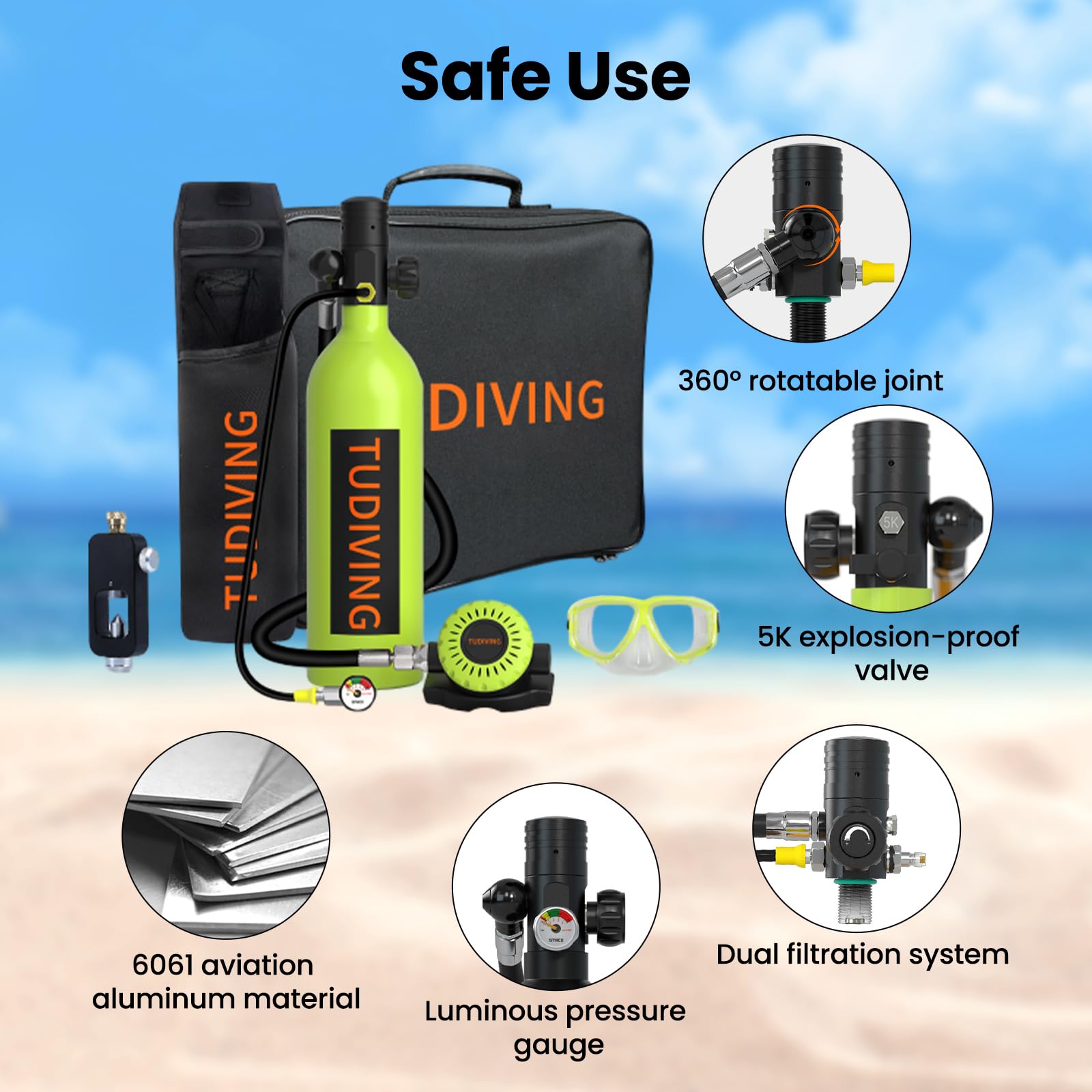 TUDIVING-Zestaw przenośnych zbiorników do nurkowania 1L Mini zbiornik do nurkowania Zbiorniki certyfikowane przez DOT Wielokrotnego użytku zbiornik płucny do ratownictwa podwodnego