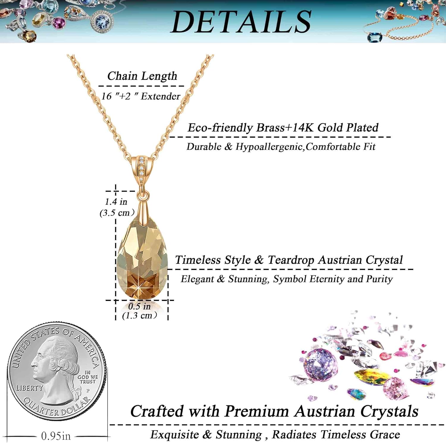Austrian Crystals Teardrop Pendant Necklace for Women 14K Gold Plated Eco-friendly Brass Hypoallergenic Jewelry - Image 4