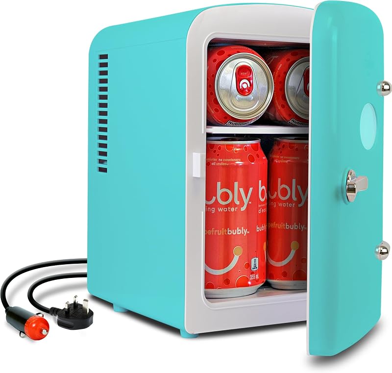 Koolatron Mini refrigerador retro de 4 litros, refrigerador portátil verde para dormitorio, oficina, dormitorio, cuidado de la piel, mesa, refrigerador de bebidas, calentador de botellas de viaje, refrigerador Kimchi, auto, patio al aire libre, capacidad para 6 latas