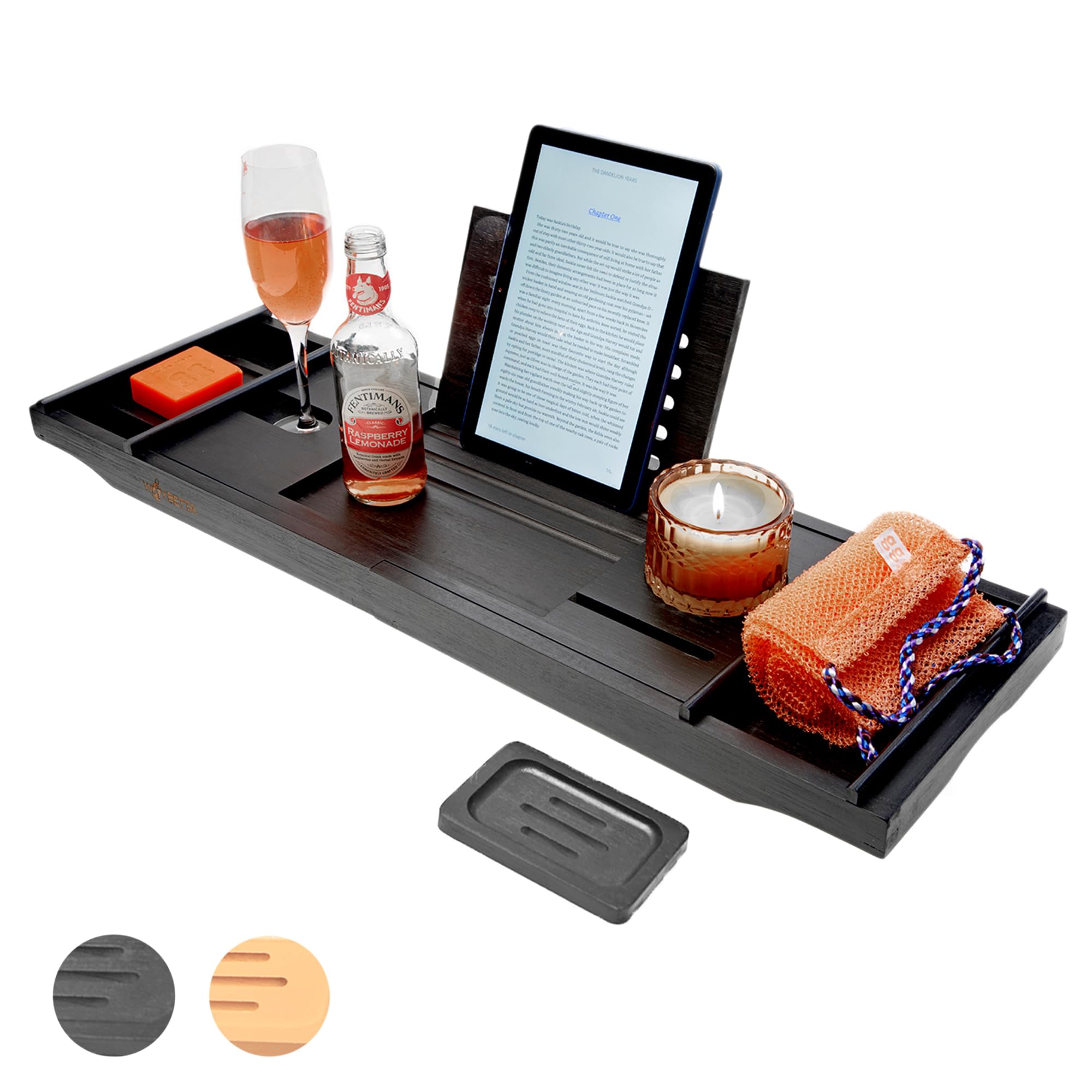 Luxury Bamboo Bathtub Caddy Tray Bath Table with Wine Glass Holder, Book & Tablet Slot – Adjustable Spa Organizer for Relaxation – Includes Free African Exfoliating Towel