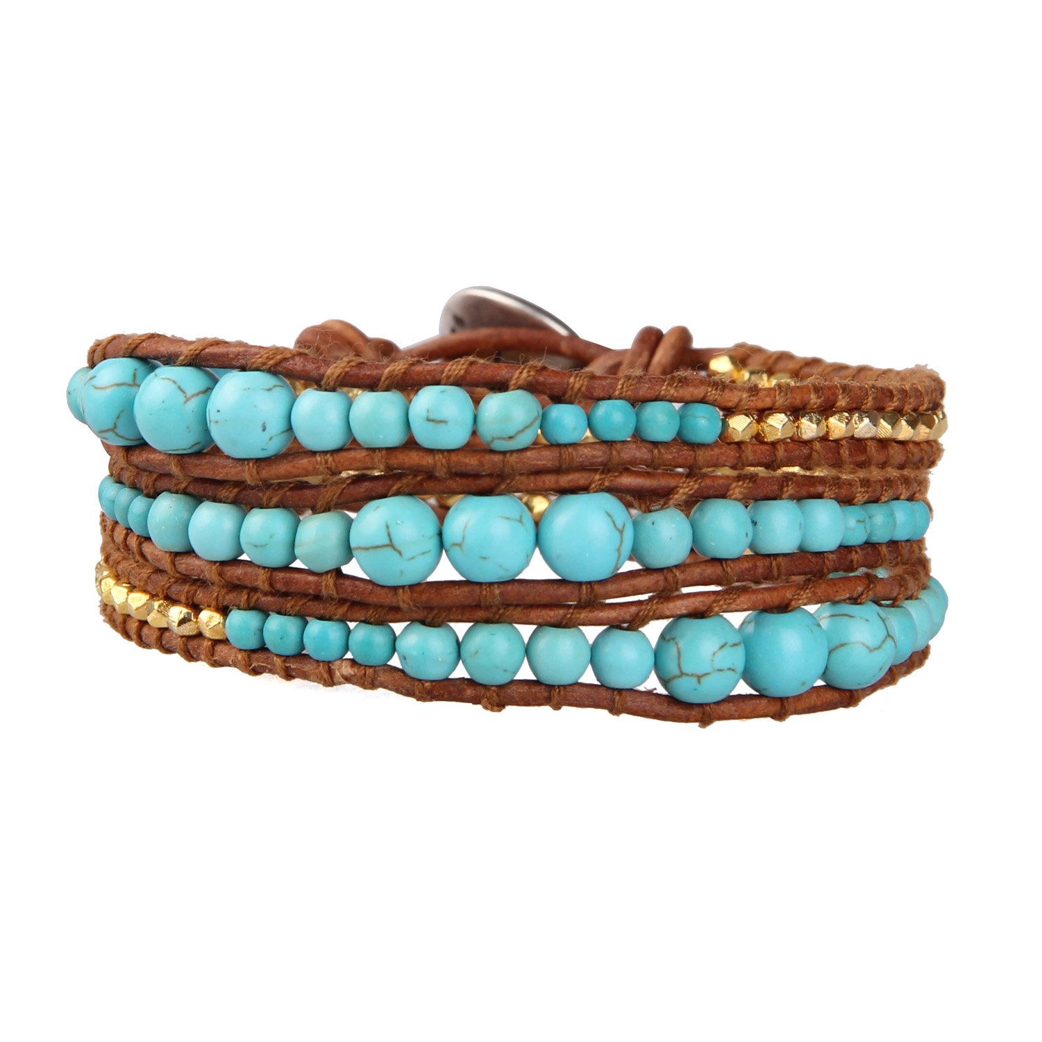 KELITCH Natural Turquoise Bracelets Leather 3 Wrap Bracelets 925 Gold Beads Friendship Bracelets