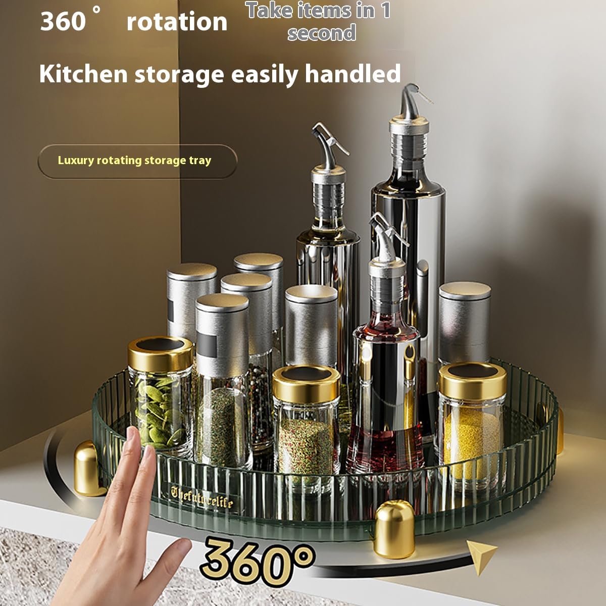 Double Lazy Susan, Clear Acrylic Lazy Susan Acrylic Spice Rack Rotating Turntable Organizer, Round Plastic Spice Rack for Cabinet, Kitchen, Pantry, Refrigerator, Vanity Bathroom Countertop (Green, L)