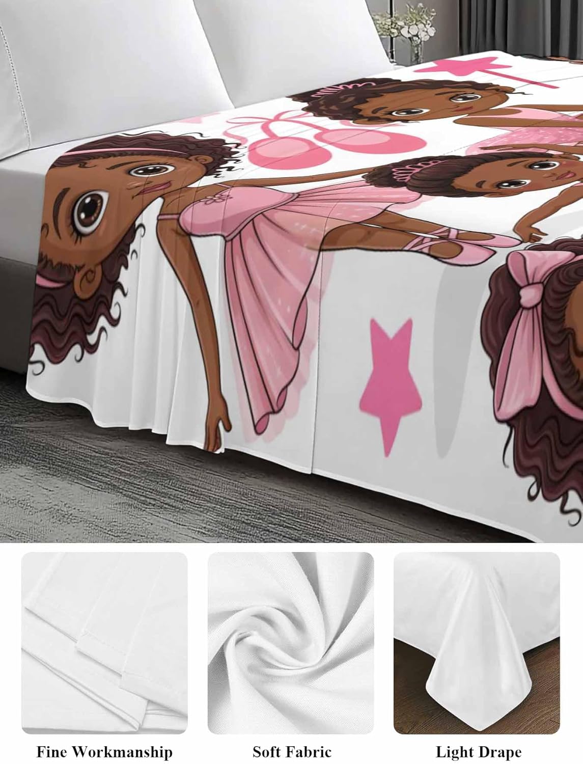 Full Flat Sheet, Pink Ballet Dancer Full Bed Sheets Only, Soft Microfiber Flat Sheet, Cute Cartoon Girls Bow-Knot Love Star Hotel Quality Bedding Top Sheet Bedroom Home Dorm Decor