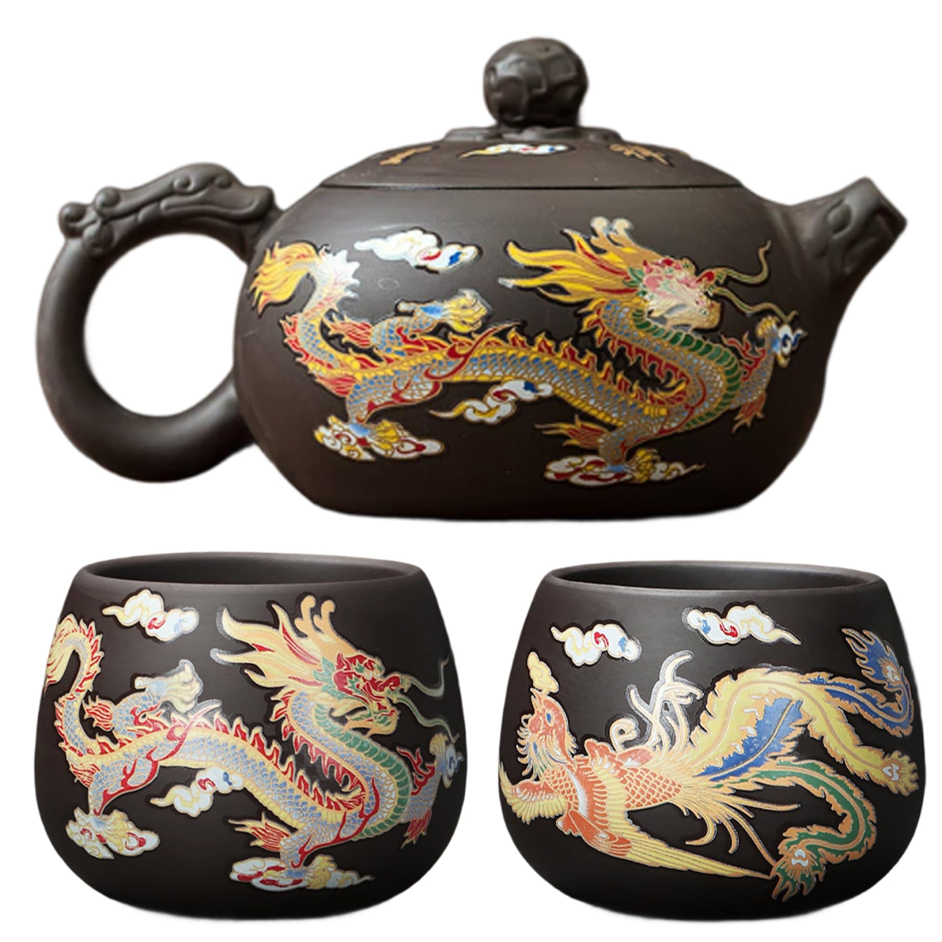 Otbushit Assorted Color 1 Set Dragon Phoenix Color-Changing Kung Fu Tea Set Includes Purple Clay Teapot & 2 Teacups Chinese Tea Pot And Cups