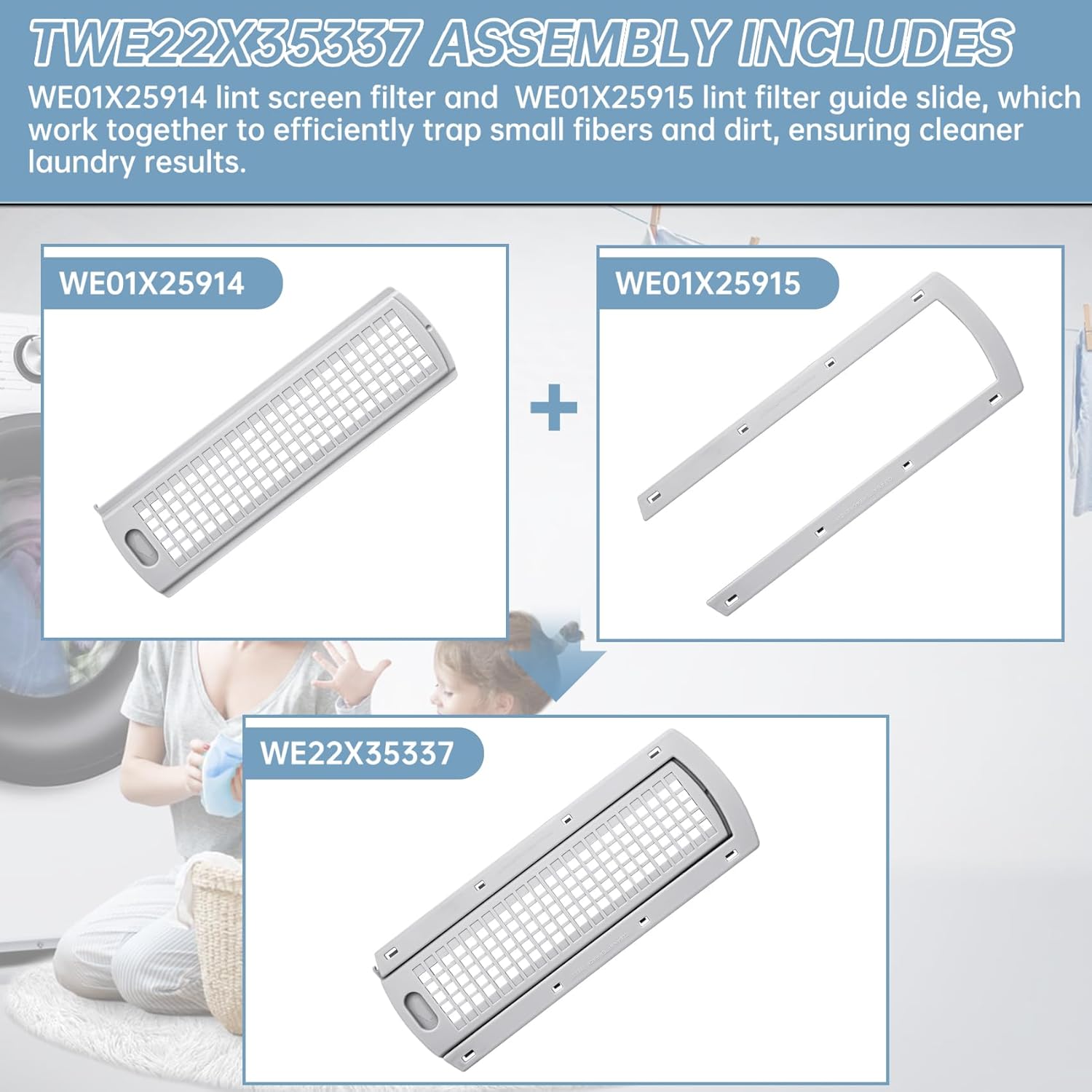 WE22X35337 Washer Dryer Lint Screen Cover Grid And Lint Filter Slide Guide Assembly,Compatible with GE&Hotpoint Dryer Replacement for WE01X25915 WE01X25914