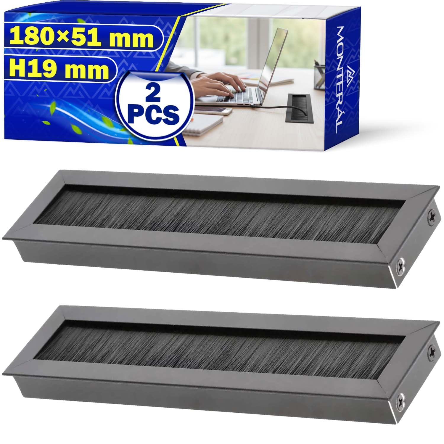 MONTERAL 2 Pezzi Passacavo per Scrivania 180 x 51 mm H19 mm Colore Nero - Tappi Passacavi Scrivania con Spazzola - Garanzia di 10 Anni