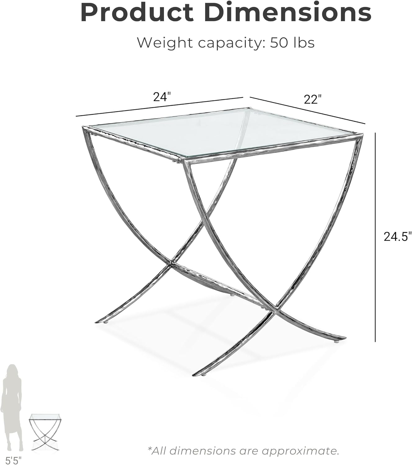 Furniture of America Zayen Glam 22-inch Metal Side Table with Tempered Glass Tabletop and Curved Base, Hammered Stainless Steel Frame for Bedroom, Living Room, Home Office, Silver