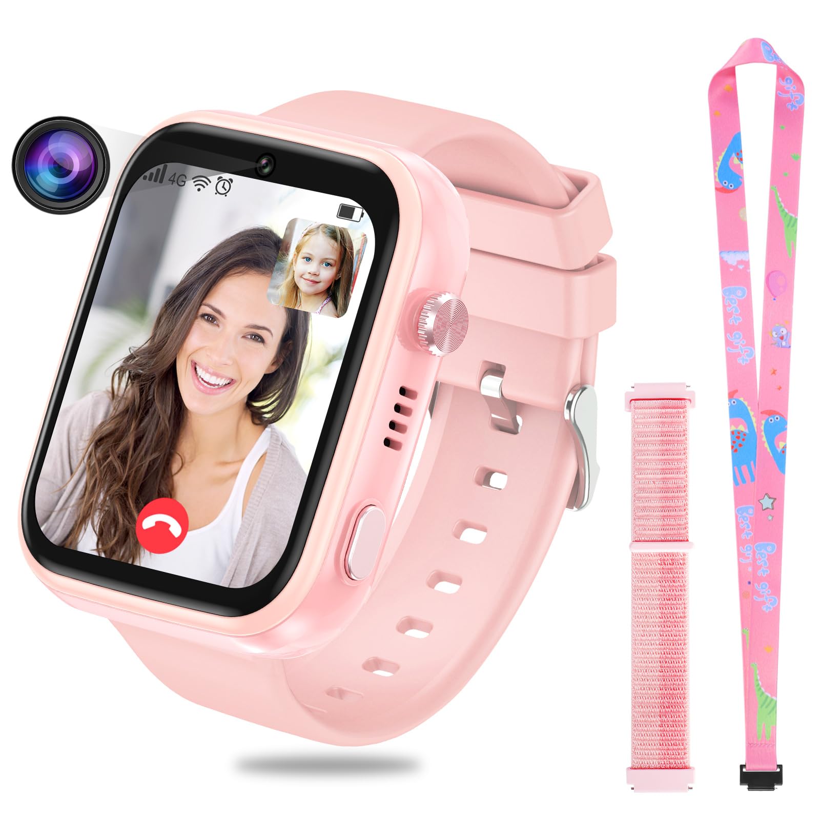 OKYUK 4G Kids Safety Watch for Girls Boy with Two Way Call SOS Button Camera for Photo School Mode Pedometer ⟮4-12 Years⟯ T45 Pink