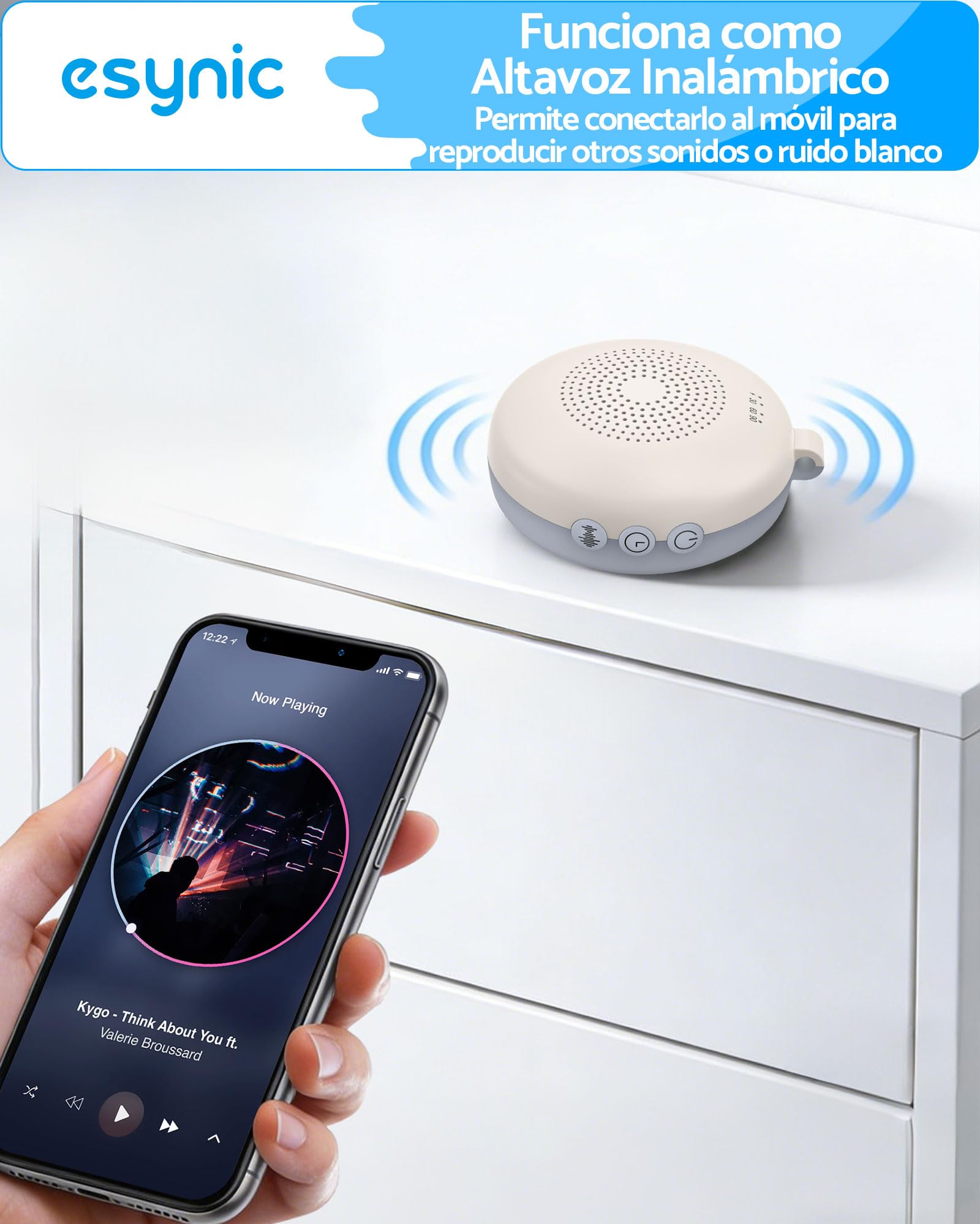 eSynic Mini Máquina de Ruido Blanco para Bebés y Adultos Recargable Máquina de Sonido Portátil con Luz Nocturna Ajustable Aparato de 12 Sonidos Relajantes Temporizador Anillo Colgante Desmontable