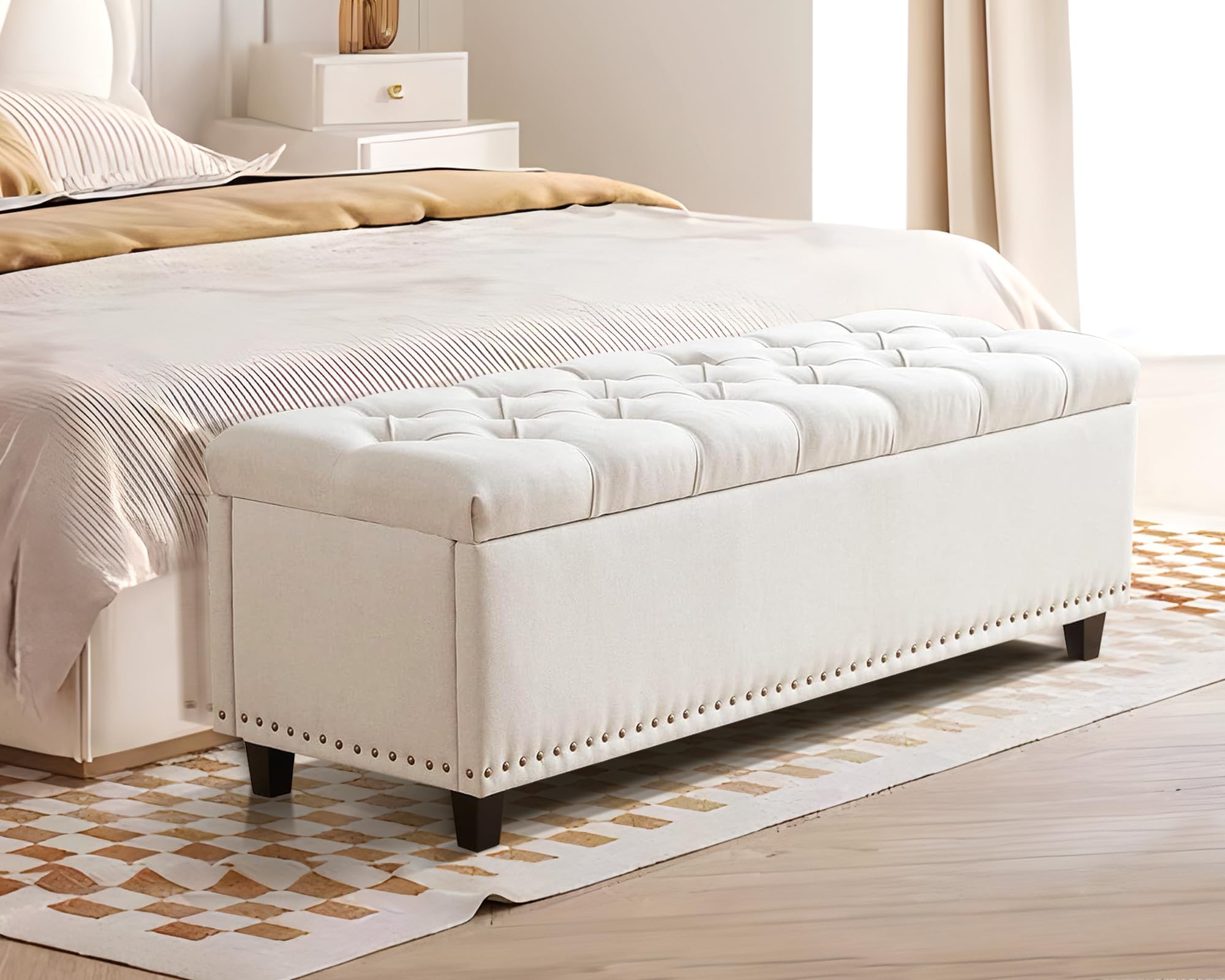 Lila Storage Ottoman Bench with Tufted Top in Beige or Grey