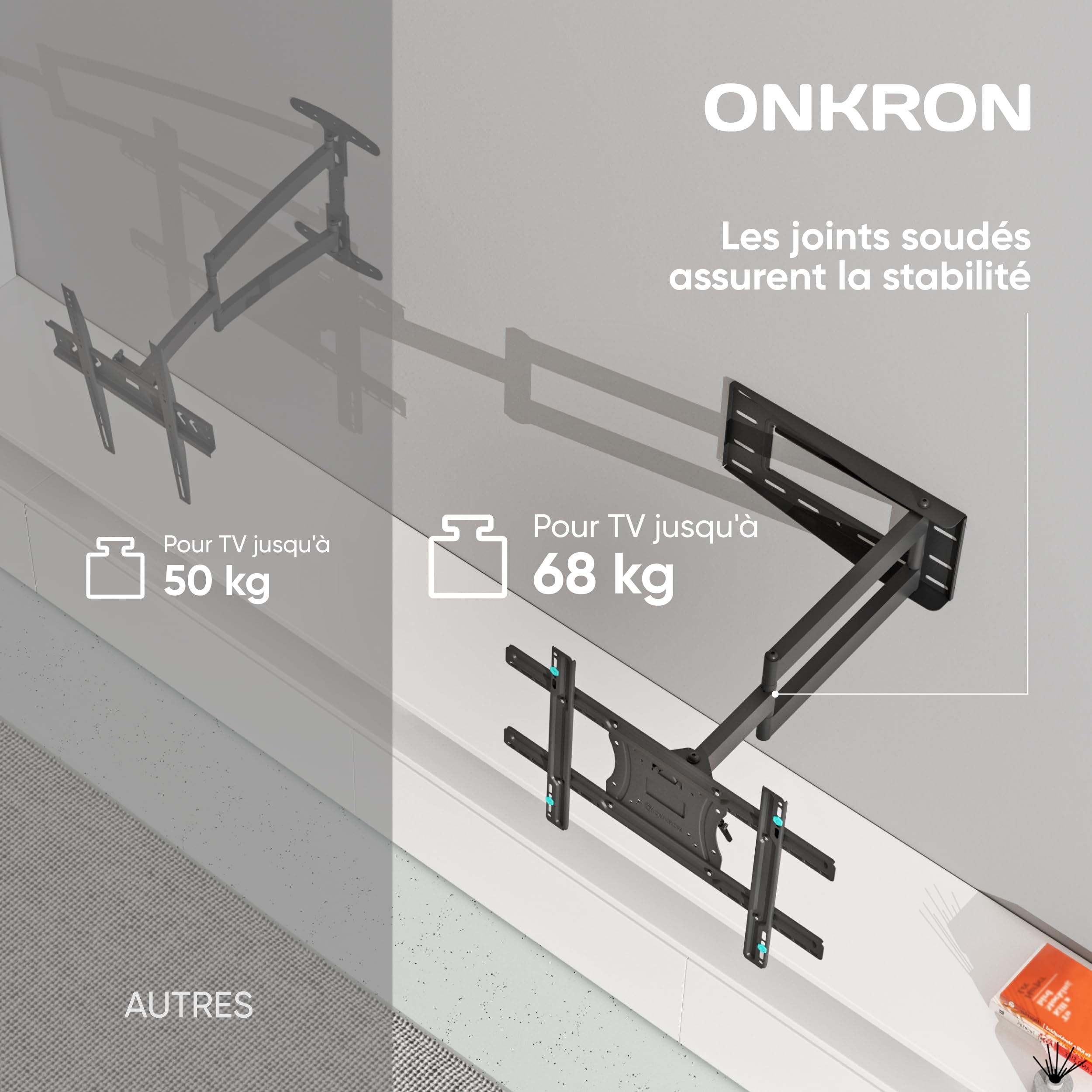 ONKRON Support Mural TV Orientable et Inclinable pour 40-75 Pouces, Support TV Mural Poids 68 kg, Accroche Tele VESA 100x100-600x400, Bras Tele Longue Portée, Fixation Murale TV, Long Arm Noir M7L-B