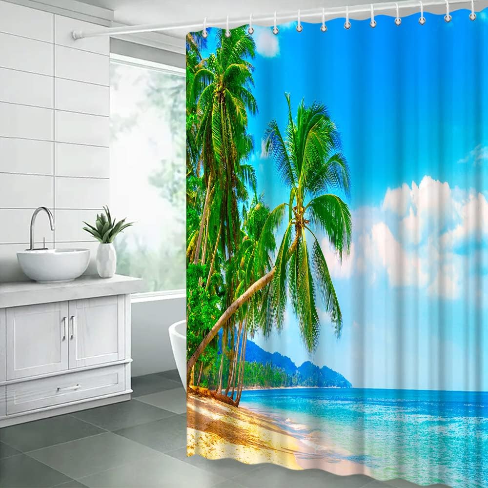 Ocean Beach Shower Curtain Blue Tropical Sea Beach Ocean Waves Palm Tree Sunrise Sunset Seaside Hawaiian Coastal Natural Scenery Landscape Bathroom Decor Fabric Curtain with Hooks