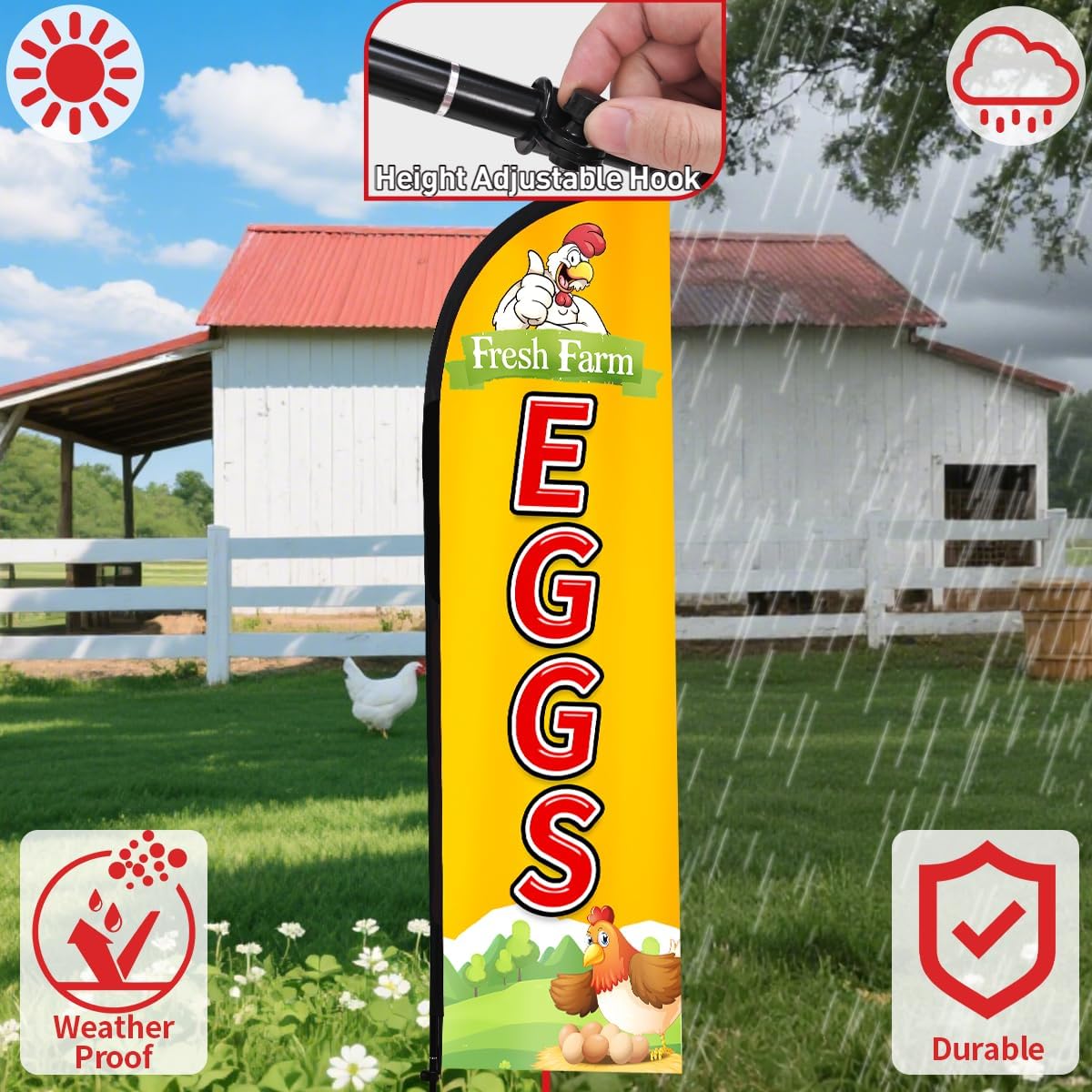 Farm Fresh Eggs Feather Flag, 8.2ft Sign for Business with Aluminum Pole and Ground Stake, Commercial Sign for Outside Business Swooper Flag Advertisng Feather Banner