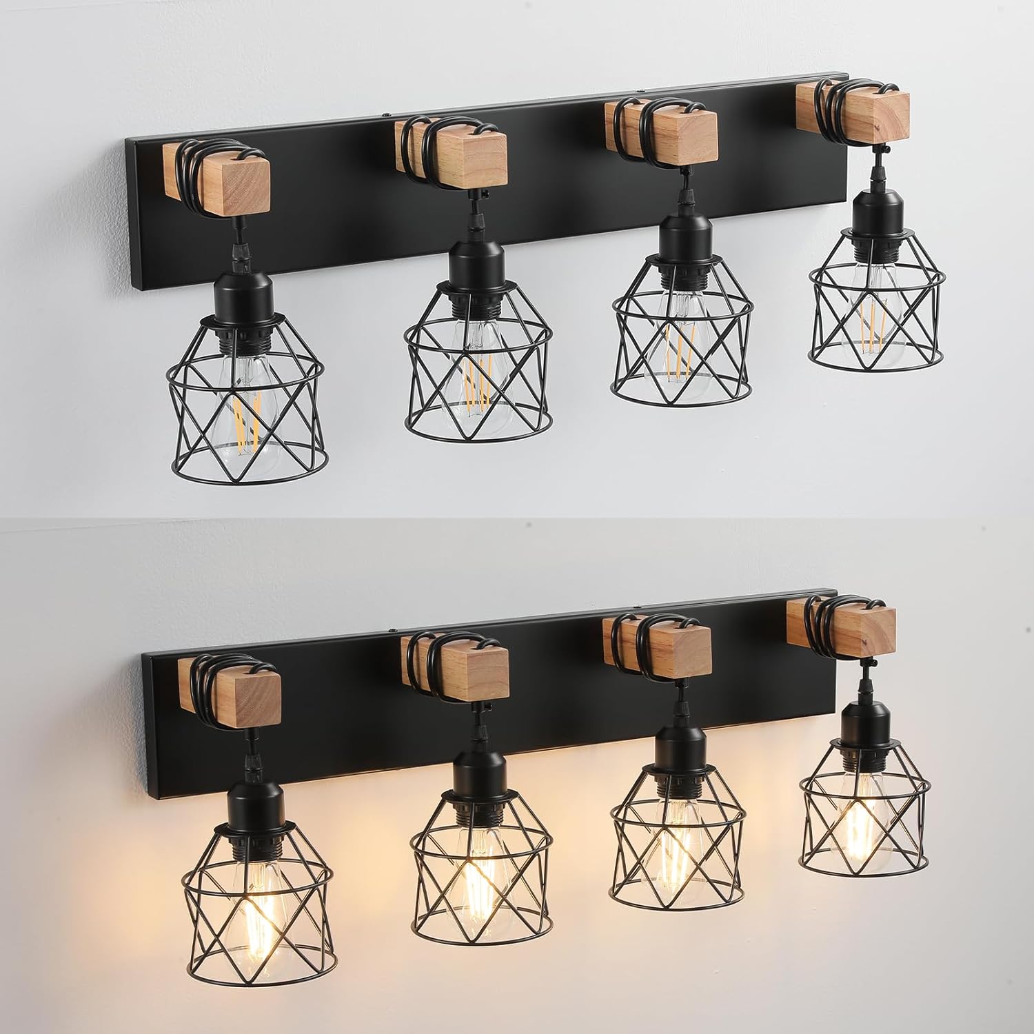 Farmhouse Vanity Light Fixture,4-Light Bathroom Lighting,Black Industrial Wood Wall Light Over Mirror with Metal Shade,LED Bulbs Not Included