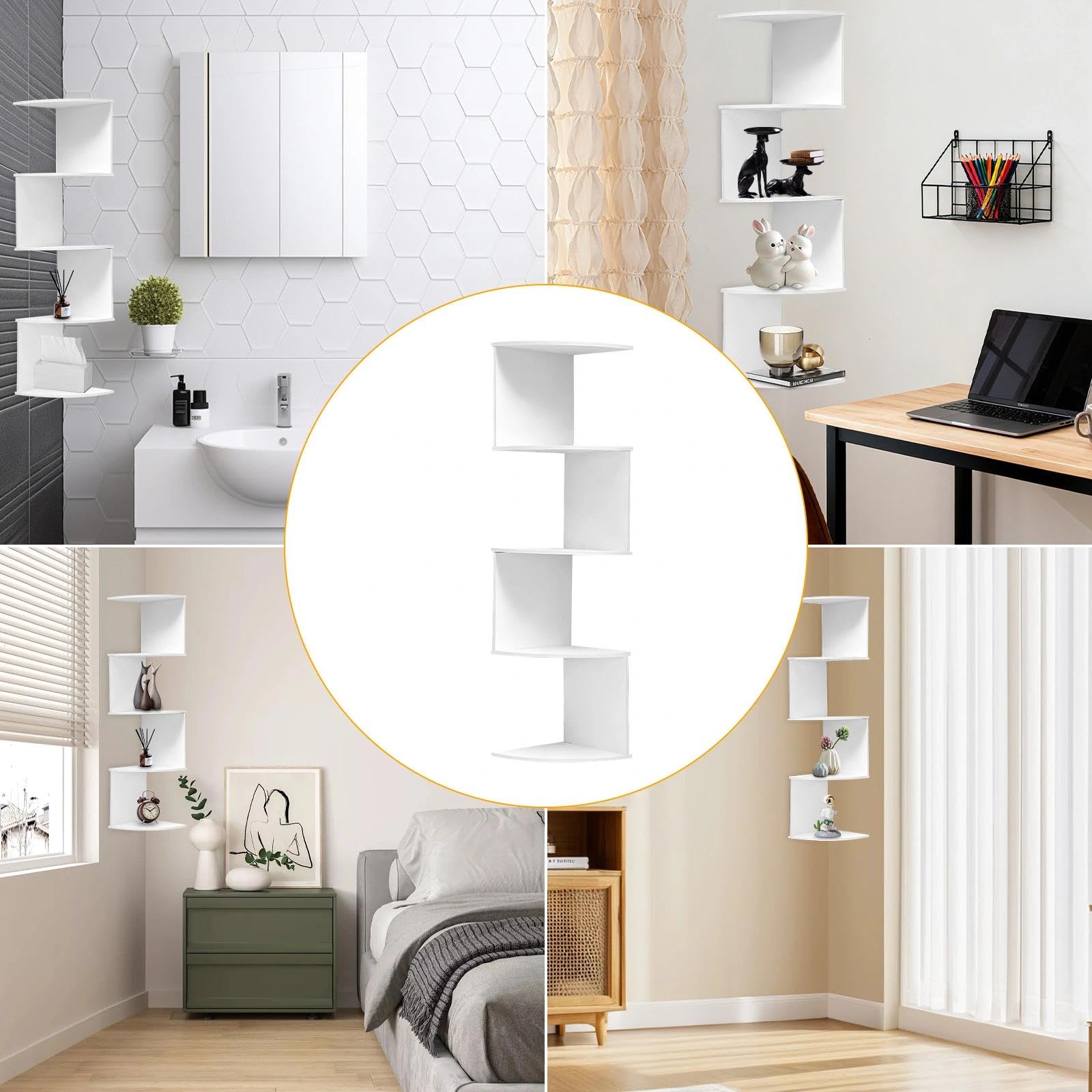 5 Baldas Estanteria Esquina, Estantería Pared, Estante Esquinero, Rinconera, Estanteria de Pie, Estante de Esquina, Estantes Flotantes de Esquina para Dormitorio, Sala de Estar(Blanco)