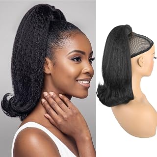 Flick Ponytail Extension for Black Women, 14 Inch Yaki Straight Wrap Around Velcro Ponytail, Synthetic Shoulder-Length Hairpiece for Daily Use, Natural Black