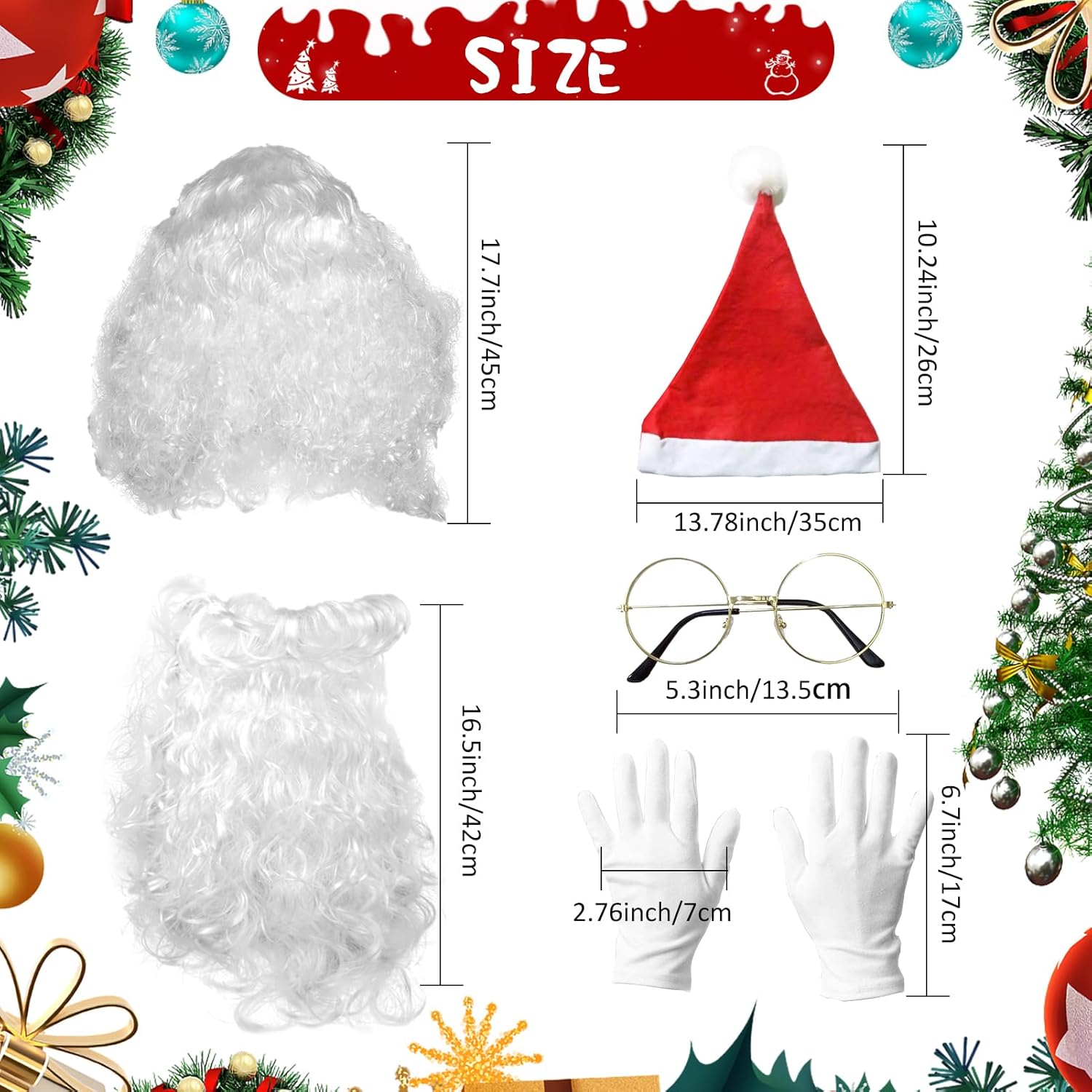 YKYOBFA 5 Pcs Christmas Santa Costume Set - Santa Wig, Beard, Hat, Glasses and Gloves - Xmas Cosplay Party Accessories for Men and Women - Image 2