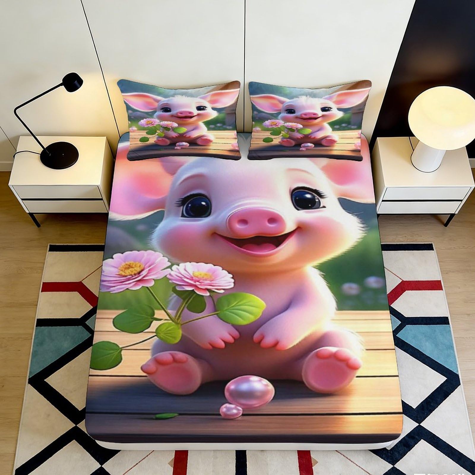 3D Printed Cute Pig Fitted Sheet Microfiber Soft Cartoon Flower Mattress Cover for Bedroom Dorm Mattress Decor Easy Care 90x200x25cm