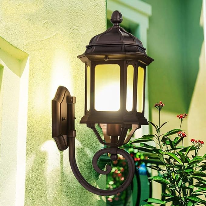 HNXNR HNXNR elegant Outdoor Waterdichte Muur Lantaarn Tuin Lamp E27 Europese Vintage Glass Wandlamp, Wandmontage Verlichtingsarmaturen Decoratie, Antieke Antique Rust Gegoten Aluminium Wandlamp verlichtings photo 3