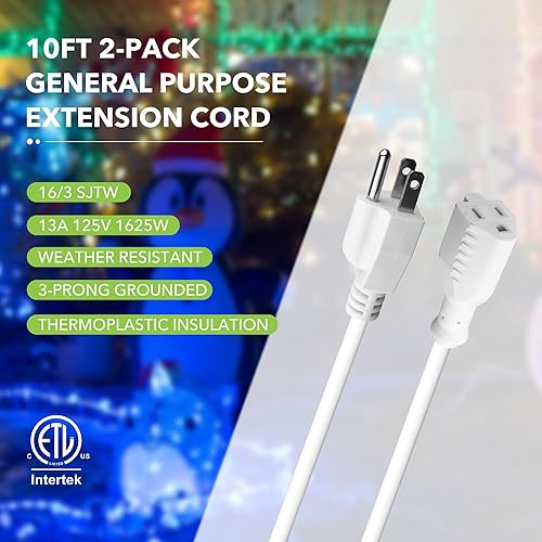 Vista 22 de BN-LINK Paquete de 2 cables de extensión para interiores y exteriores de 10 pies 16/3 SJTW, negro, 3 puntas, resistente a la intemperie y ignífugo