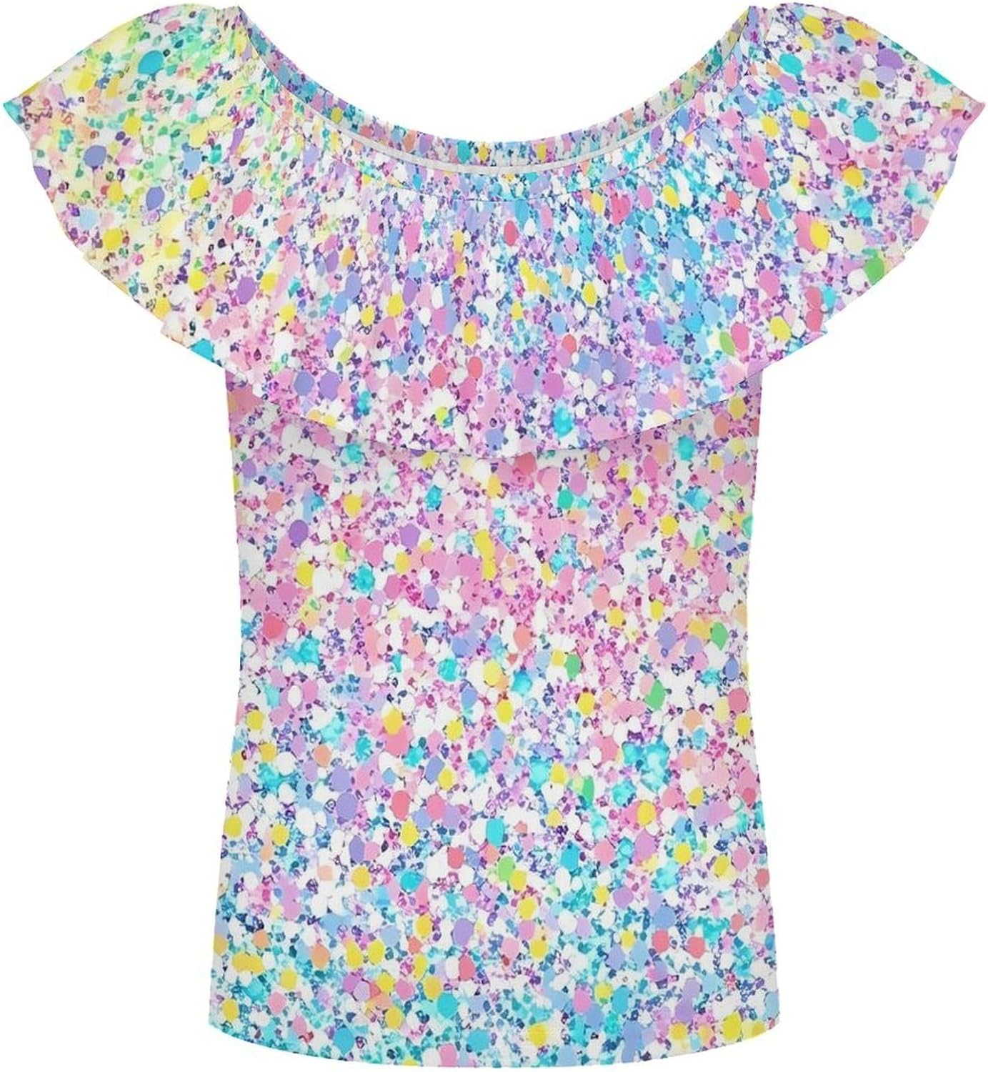Rainbow Glitter Sparkling Girls T-Shirts Top Ruffle Short Sleeve Blouse Casual Graphic Tees
