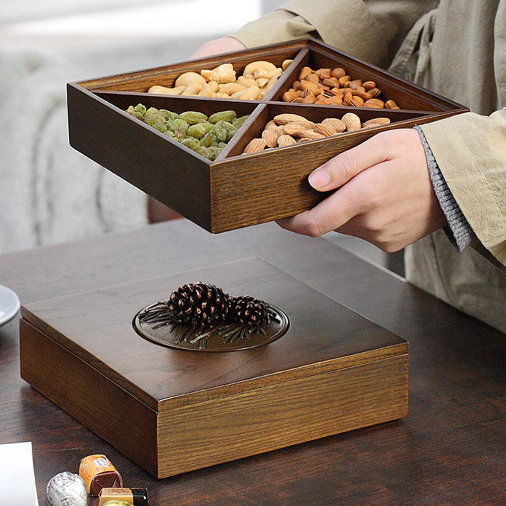 Trockenobst-Tablett, Serviertablett for Nüsse und Süßigkeiten, Nussschale im Wohnzimmer, Nuss-Servierplatte mit Holzfach, Serviertablett mit Deckel, Nussschalen for Chips, Süßigkeiten(20*20*8.4cm)