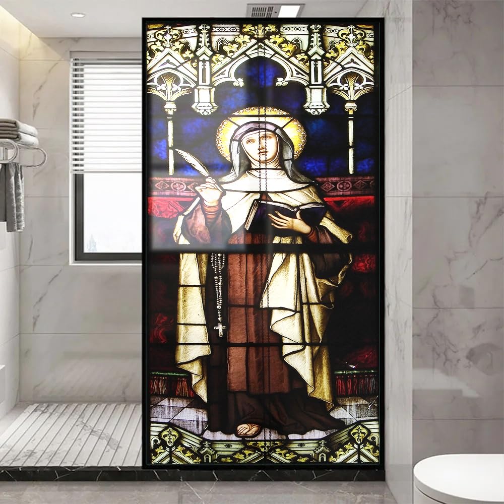 Church Style Stained Glass Window Film Decorative Privacy Non Adhesive Window Stickers for Home Office J21 100x200cm(39.4